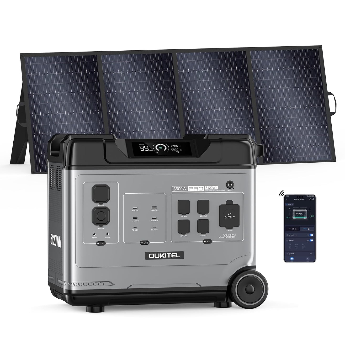 P5000 Pro 5120Wh Large Capacity Portable Power Station with 1×400W Solar Panels, 3600W(6000W Surge) Solar Generator with LiFePO4 Battery, 5×3600W AC Output, for Emergency, Home Backup, RV, Camping