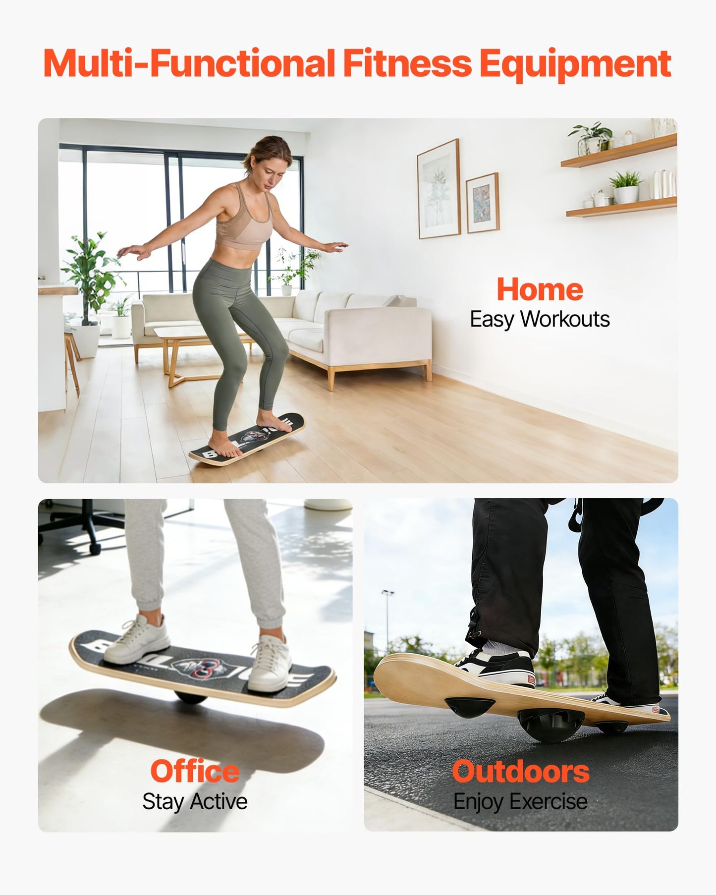 VEVOR Balance Board, Wobble Board Trainer for Adults 3-Level Adjustable Base, Premium Wooden Balance Training Equipment, Slip-Resistant Surface for Core Workout, Standing Desk Exercise, Home Gym, Yoga