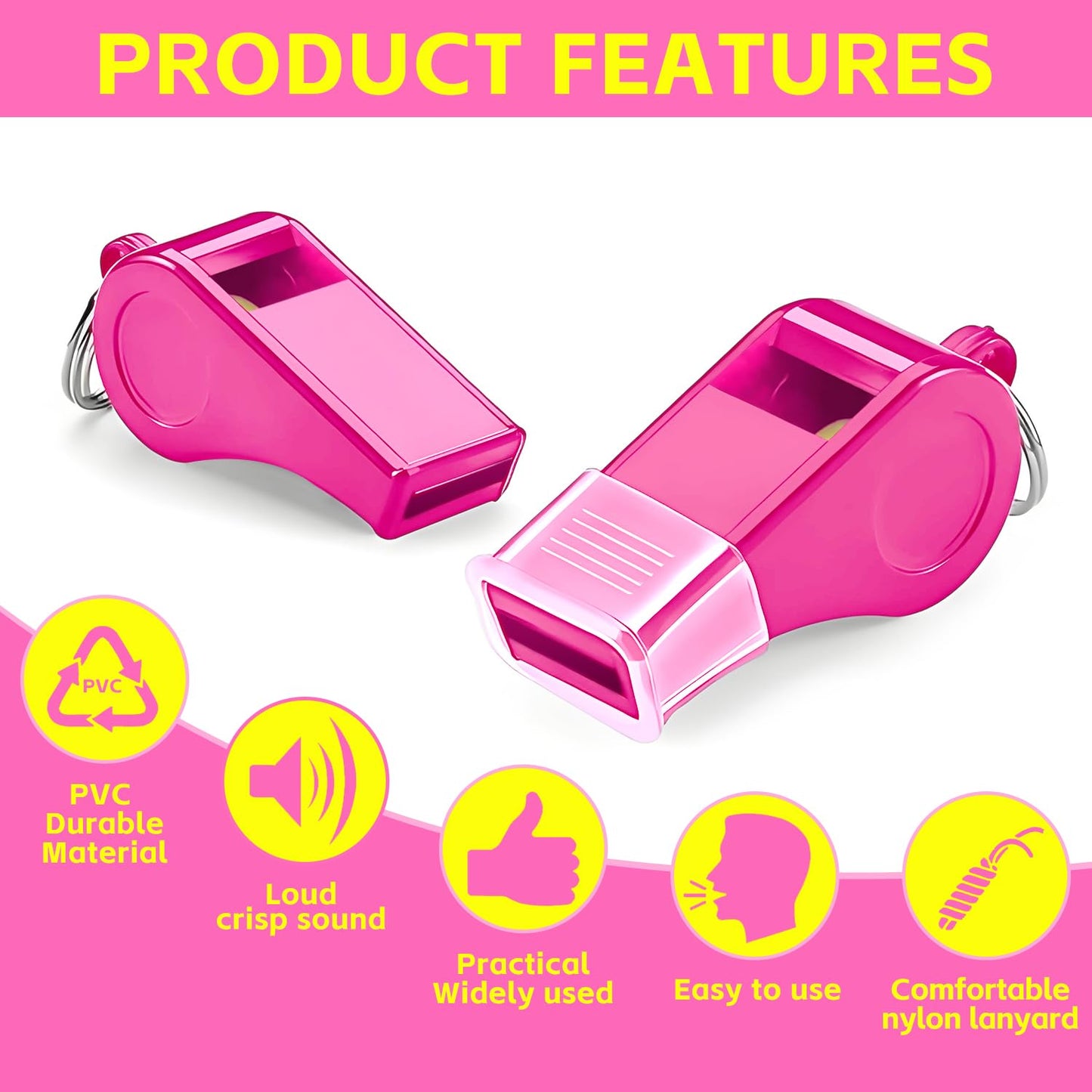 uadbau Pink Whistle, Plastic Whistle Emergency with Lanyard and Mouthpiece – Loud Crisp Sound for Coaches, Lifeguard, Teachers, Training, and Outdoor Safety (2 Pack)
