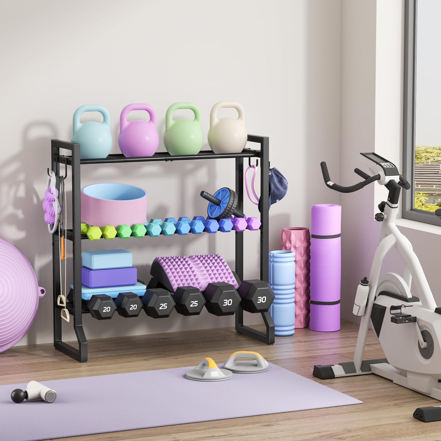VOPEAK 3-Tier Adjustable Dumbbell Rack, 31-Inch Weight Rack for Home Gym with 4 Hooks, Home Gym Storage for Kettlebells, Space-Saving Dumbbell Stand - 400LB Capacity (Rack Only)