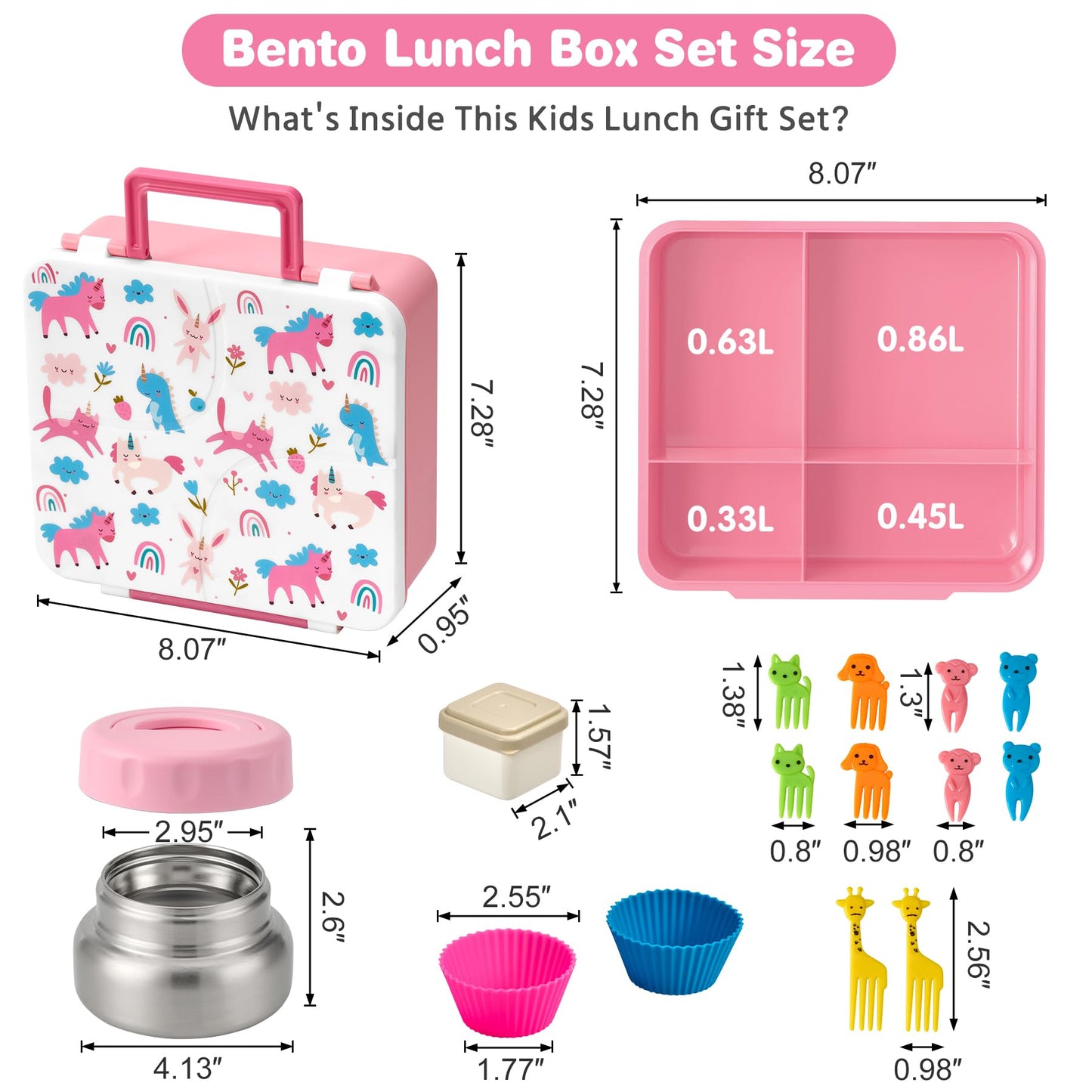 Bento Lunch Box with 9.5 oz Soup Thermo, Kids Leakproof 4 Compartments Bento Box with Silicone Cupcake,Fruit Fork,Spoon and Sauce Cup,Insulated Food Jar for School Travel-Rainbow Horse