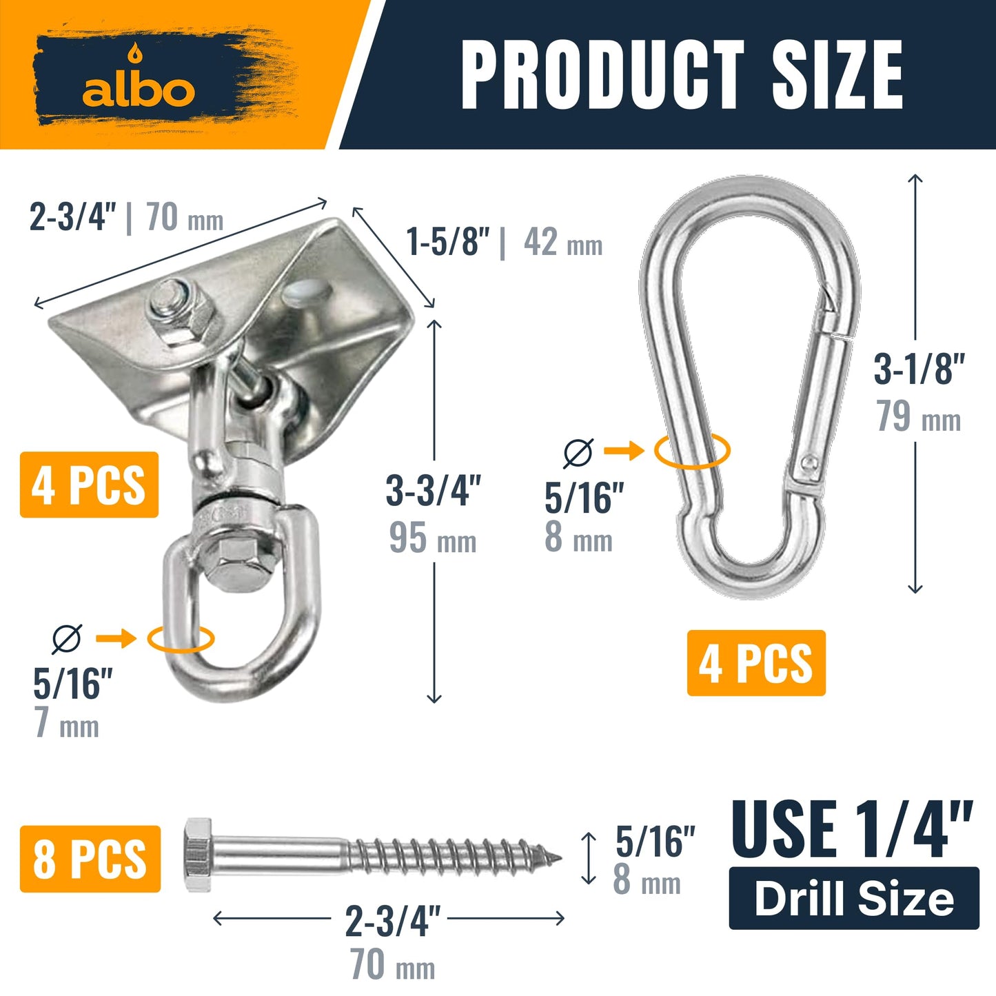 Albo 2650 LBS Heavy Duty Swing Hangers 4 Pack, 360° Swivel Ceiling Mount, Hammock Chair & Porch Swing Hardware,TRX, Yoga Swing & Punching Bag Ceiling Mount for Wood Beam & Concrete