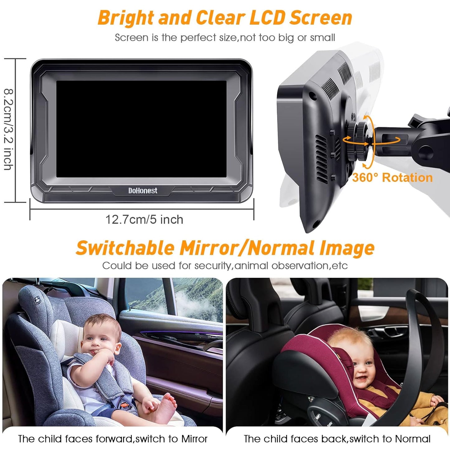 1080P Setup, DoHonest Baby Car Camera HD - Rear-Facing Car Baby Monitor with Night Vision, Adjustable View Angle, Easy