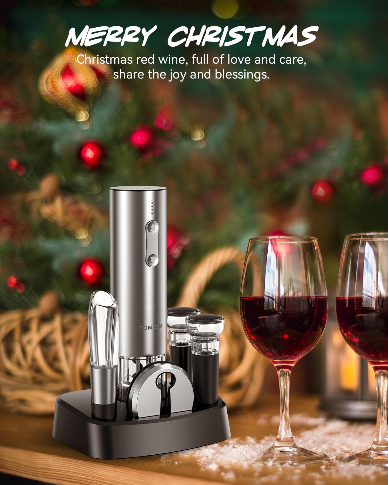 Rechargeable Electric Wine Gift Set - Aerator, Vacuum Stoppers, Foil Cutter and Bottle Opener for Home Bar and Outdoor Parties (Silver, Wine Opener Set)