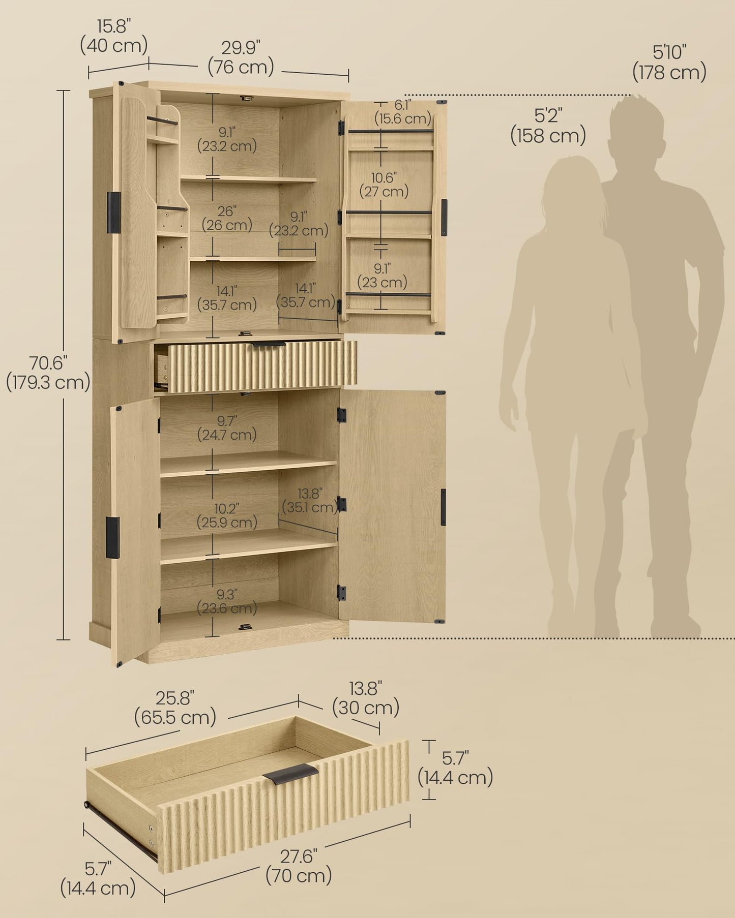 VASAGLE MAXE Collection - Pantry Cabinet, 70.6-Inch Tall Storage Cabinet with Drawer, 6 Adjustable Shelves, 2 Cabinets, Fluted Doors, Mid Century Modern, for Kitchen Living Room, Oak Beige UBBK365Y01