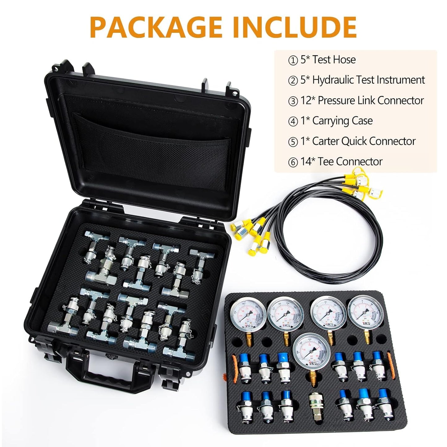 Hydraulic Pressure Test Kit，600bar /8700psi / 60mpa 5 Gauges 13 Test Couplings 14 Tee Connectors 5 Test Hoses, Hydraulic Gauge Kit Sturdy Carrying Case for Excavator Construction Machinery Ships Mine