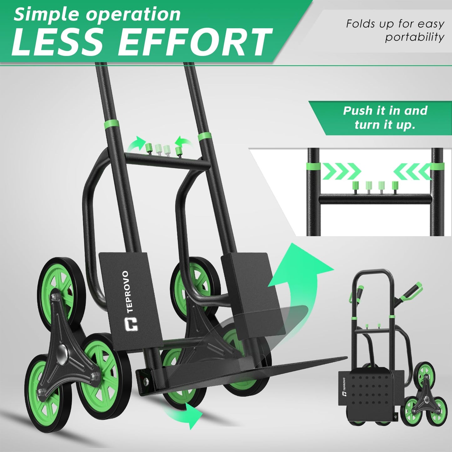 Teprovo Stair Climbing Hand Truck 440lb，Heavy Duty Dolly Cart for Stairs，Thickened Upgraded Steel Tube Folding Stair Climbing Trolley with Six Wheels and Telescoping Handle