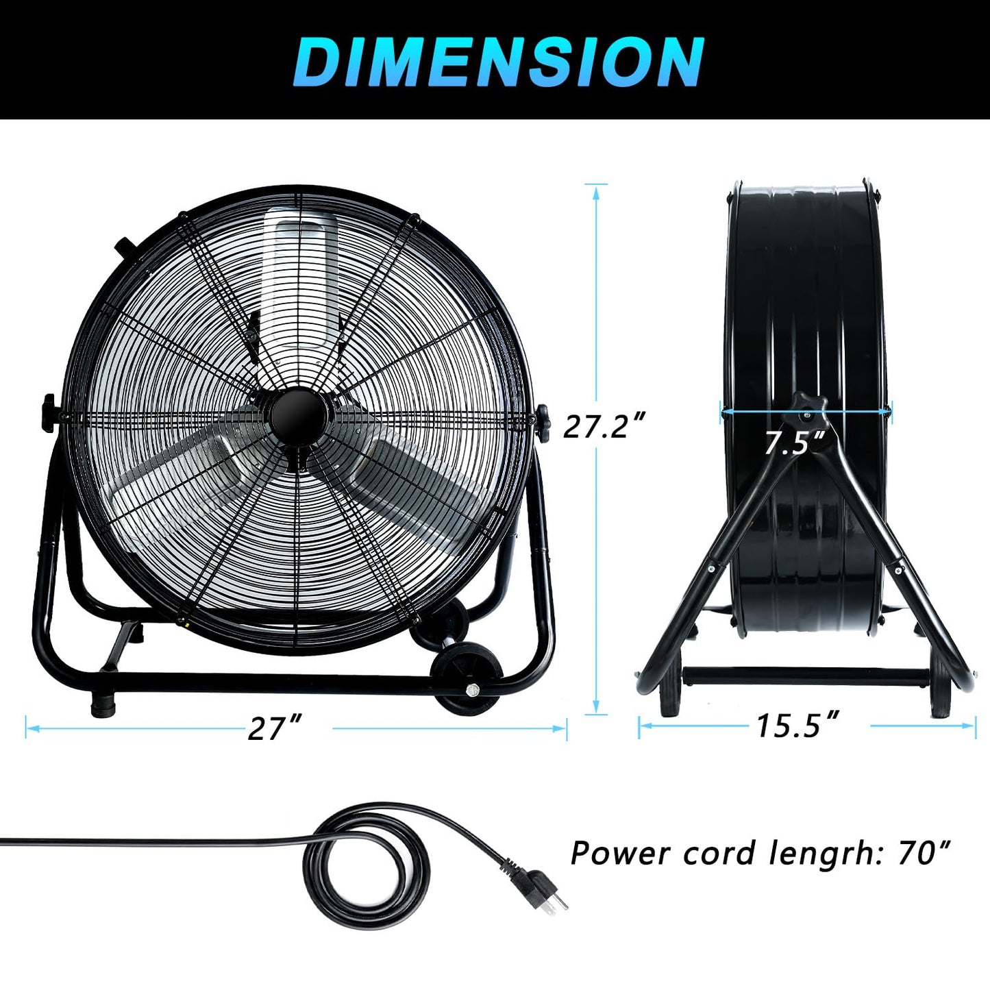 WARMLREC 24" Industrial Floor Fan, 8900 CFM High Velocity Drum Fan with 3 Speeds, Portable Heavy Duty Industrial Fan for Warehouse, Workshop, Factory, Commercial, Residential and Greenhouse Black