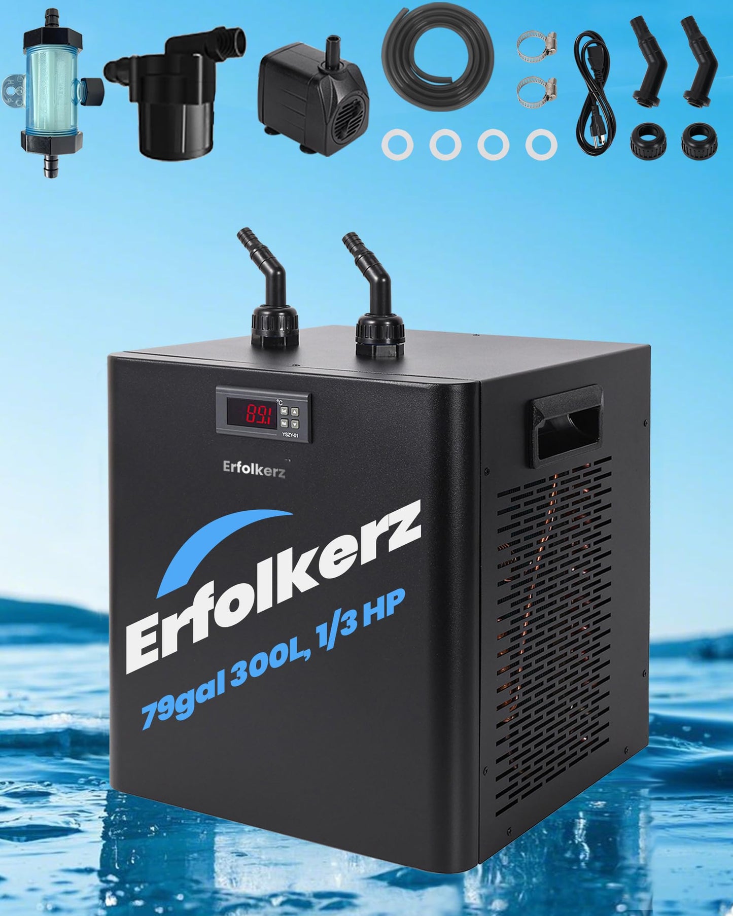 Erfolkerz 1/3 HP Cold Plunge Chiller,79gal 300L,Water Chiller for Ice Bath,Water Cooler with Complete Chiller Kit - 2 Ice Bath Chiller Pumps,Filter,Nozzles & Hoops,Hoses