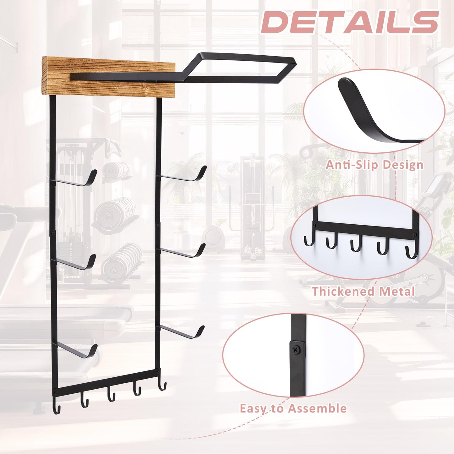 Geelin Yoga Mat and Ball Holder Wall Mount, 4-Tier Yoga Mat & Ball Storage Rack, Home Gym Organizer, Black Metal Floating Shelf for Hanging Foam Rollers & Resistance Bands(5 Hooks Style,Wood Color)