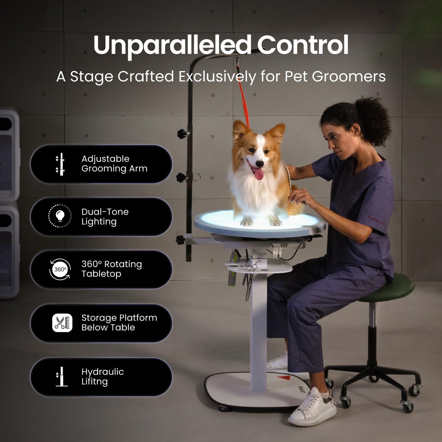 JirPet Pet Grooming Table with Full-Surface Lighting for Small Dogs, Hydraulic Lift, Designed for Long-Term Use, Over 50,000 Lifts, 32in-46in Height Adjustable, Stable Base, Hair-Resistant
