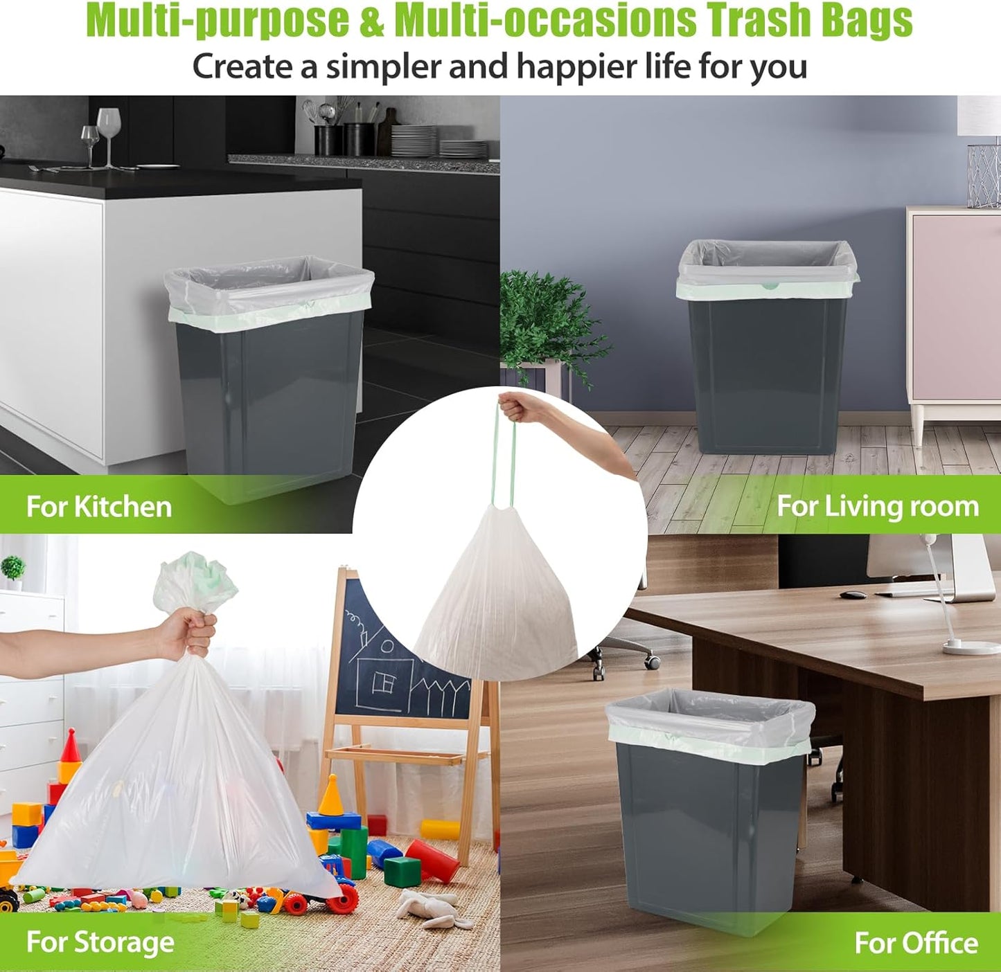 ValueGuard 13 Gallon Tall Drawstring Trash Bags - 100% Recycled Waste Bags for Kitchen & Office (300 Count)