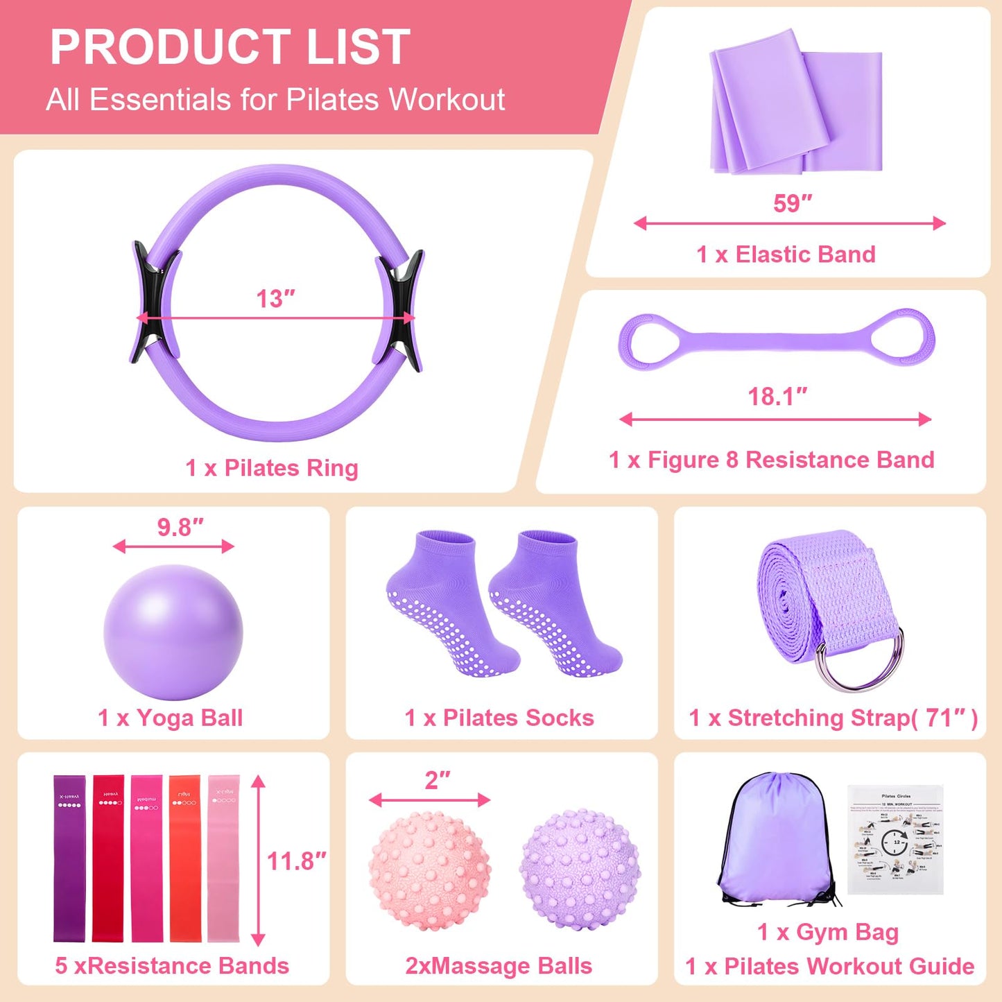 BYYNNE Home Pilates Kit for Women - 14 Pcs Pilates Equipment Set with Pilates Ring and Ball, 5 Resistance Bands Etc Accessories for Beginners Home Workouts - Includes Workout Guide (Purple)