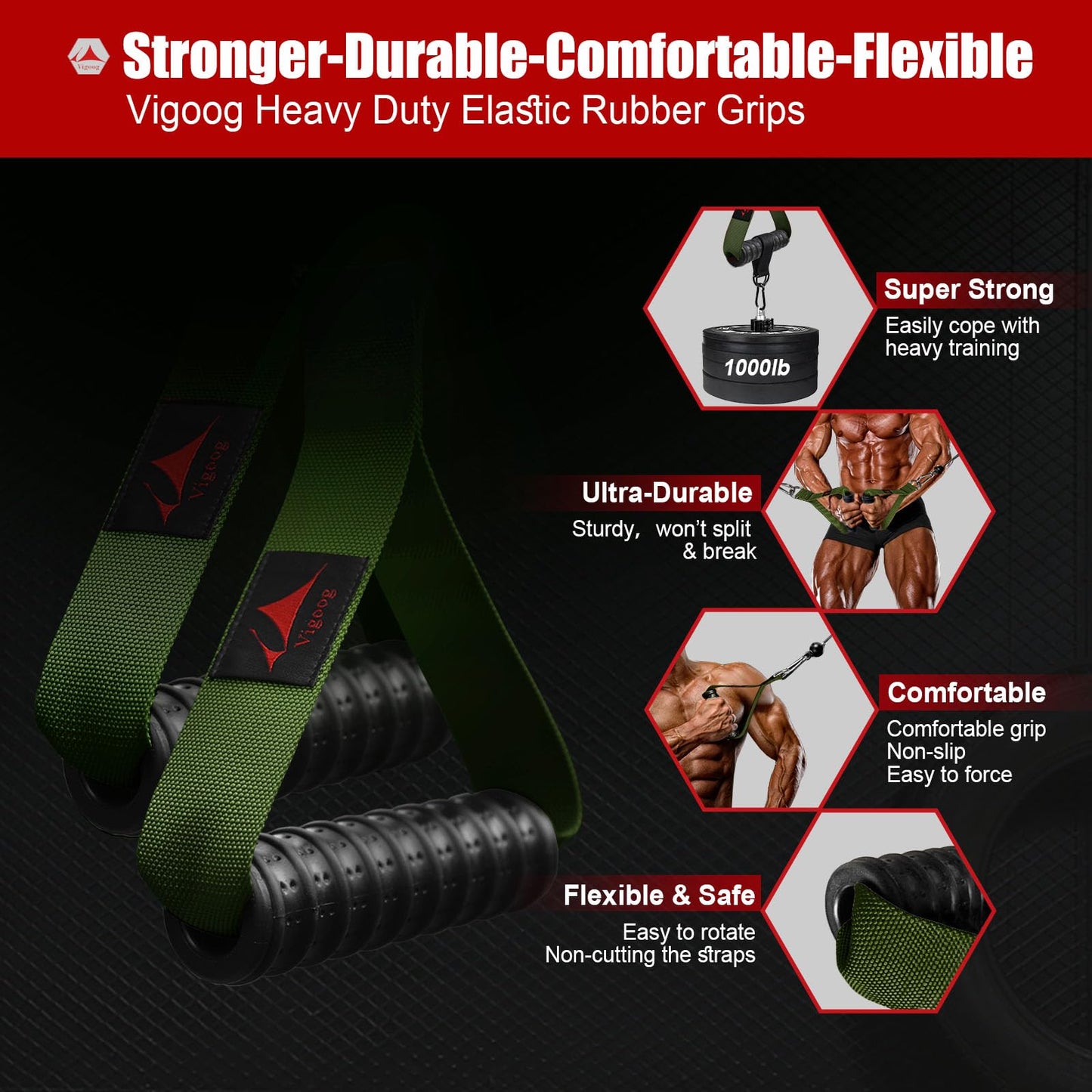 Vigoog Heavy Duty Gym Exercise Handles Attachment for Cable Machine,Resistance Band,Pulley System Home Fitness Workout Equipment, with Elastic Rubber Grip and 2 Large Carabiners (Military Green)