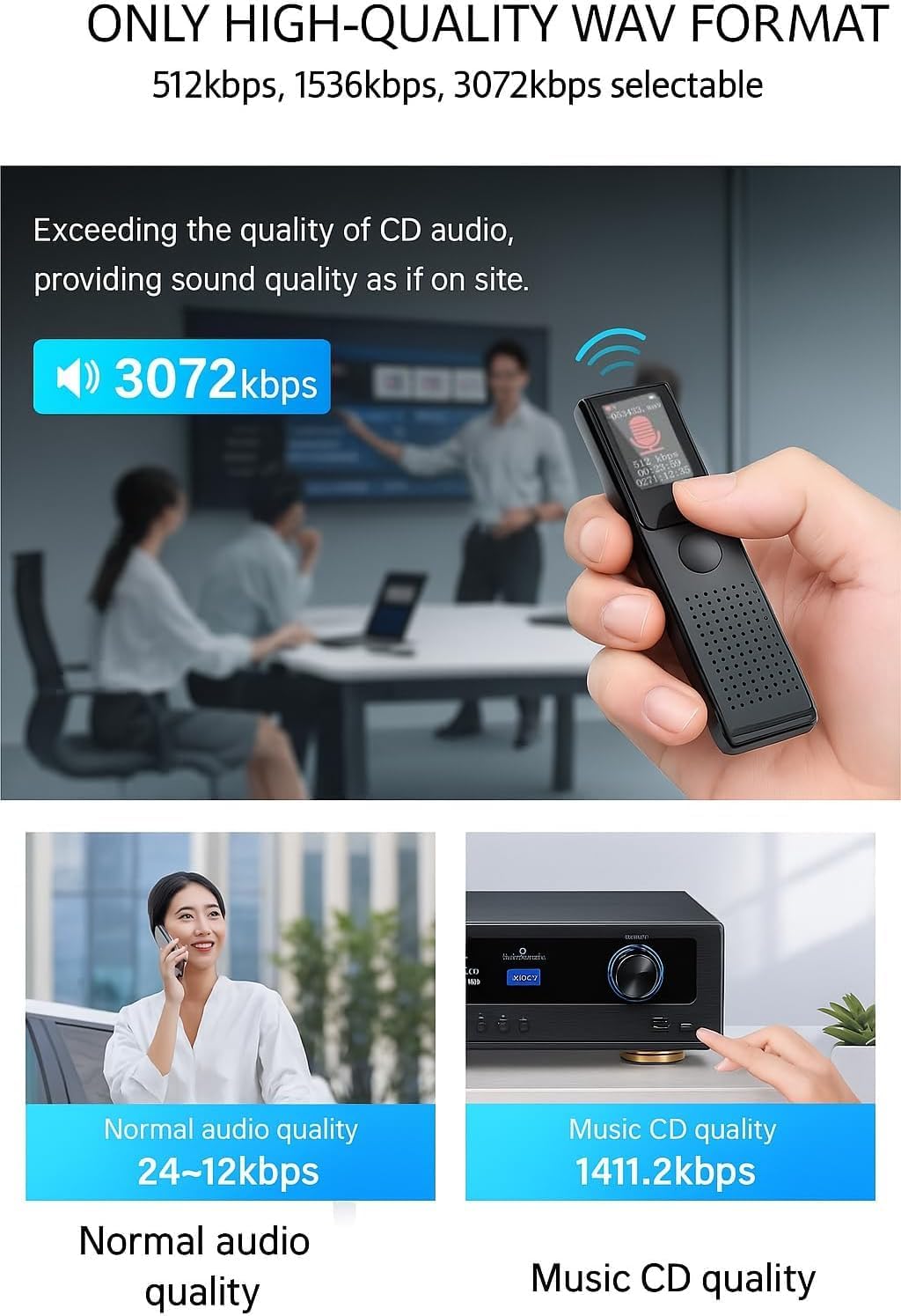 JUSTSTONE 128GB MP3 Digital Voice Recorder with Playback, Ai Noise Reduction, Voice Activated Recording, Password
