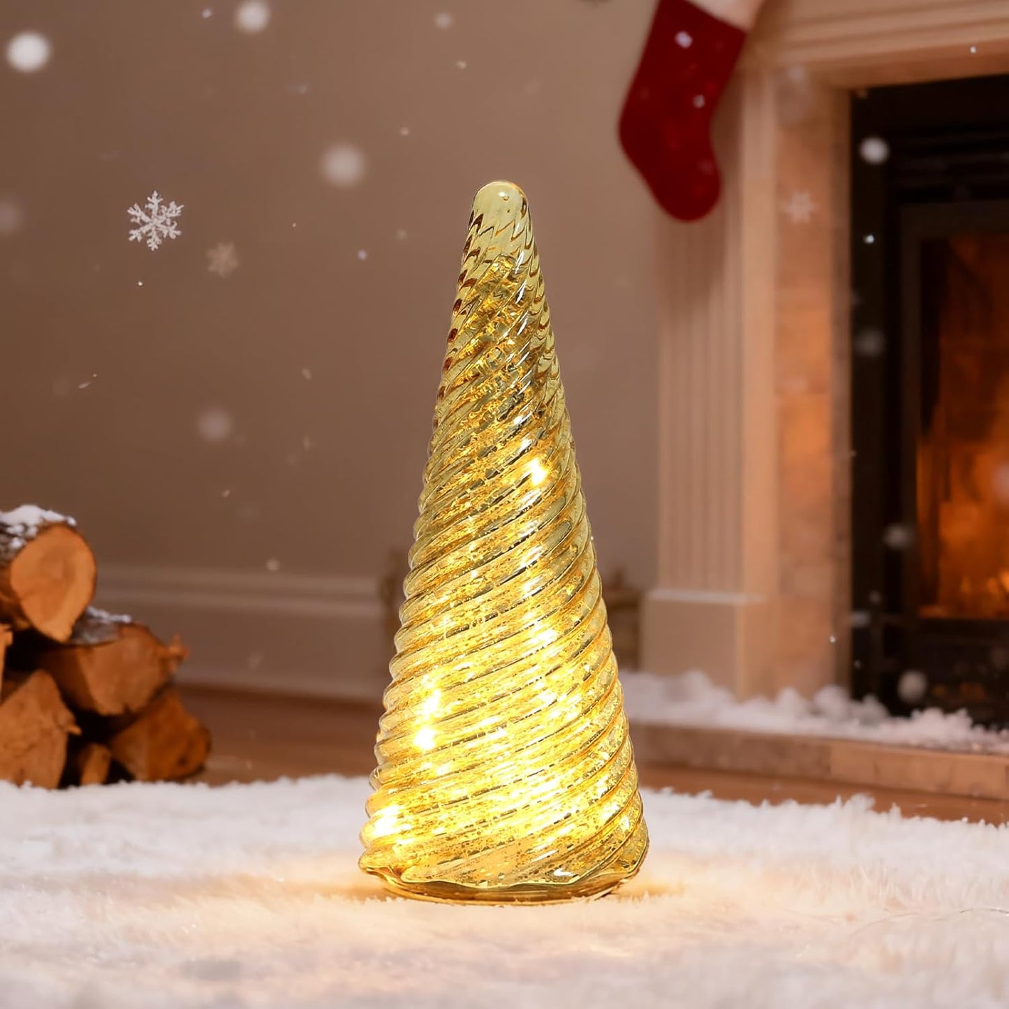 Regine Switzerland Glass Christmas Tree Decorations - Mercury LED Light Tabletop Decor | Battery Operated Night Lights with Timer for Home Festivities