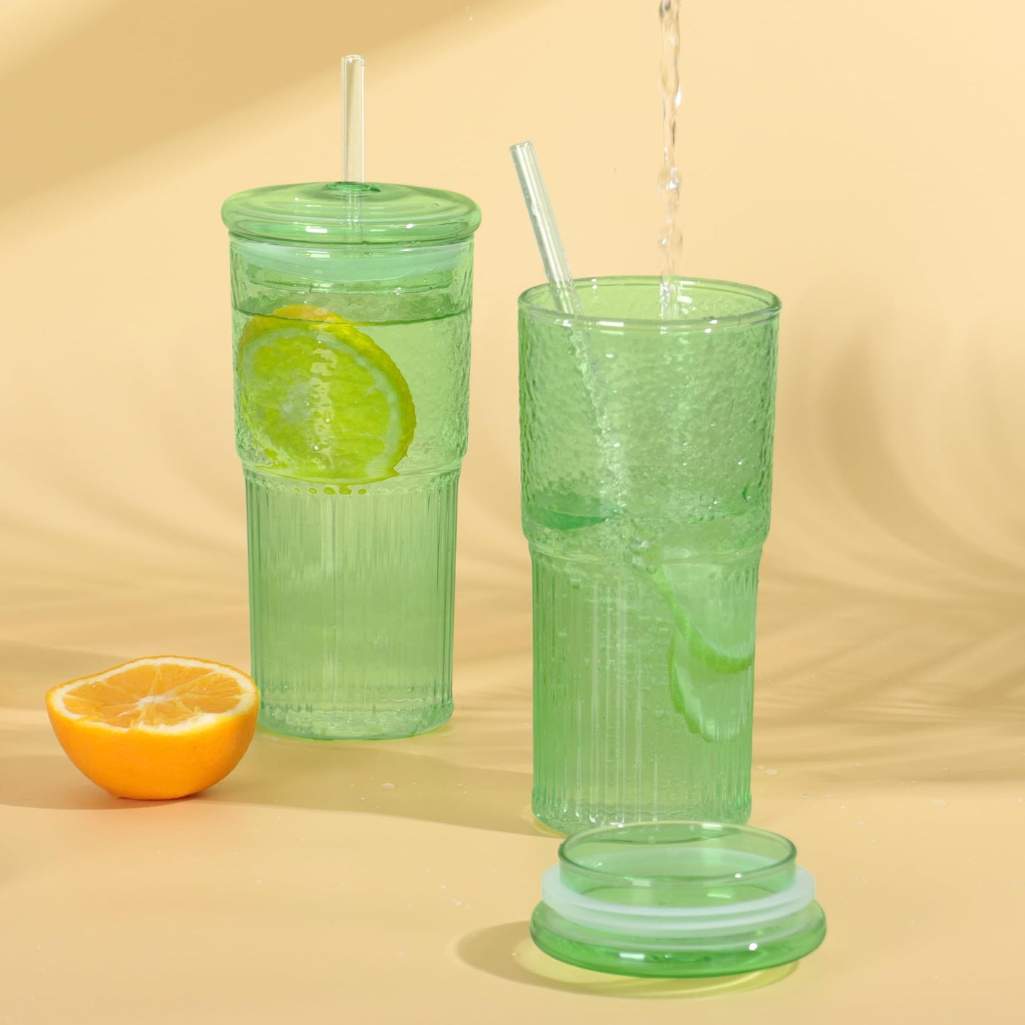 QWEZXO 20 OZ Glass Cup with Lids and Glass Straws, High Borosilicate Iced Coffee Glass Tumblers with Lid and Straw for Drinks, 2pcs Reusable Wide Mouth Smoothie Cup(Green)