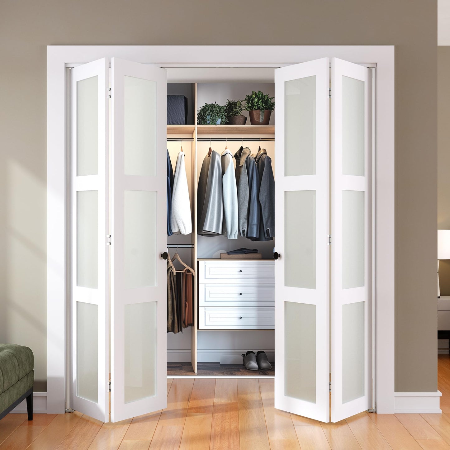 SMARTSTANDARD Bifold Door, for 72"x 80" Opening,Tempered Frosted Glass Closet Folding Barn Door with Hardware Kit, Water-Proof PVC Surface,Easy Install,White