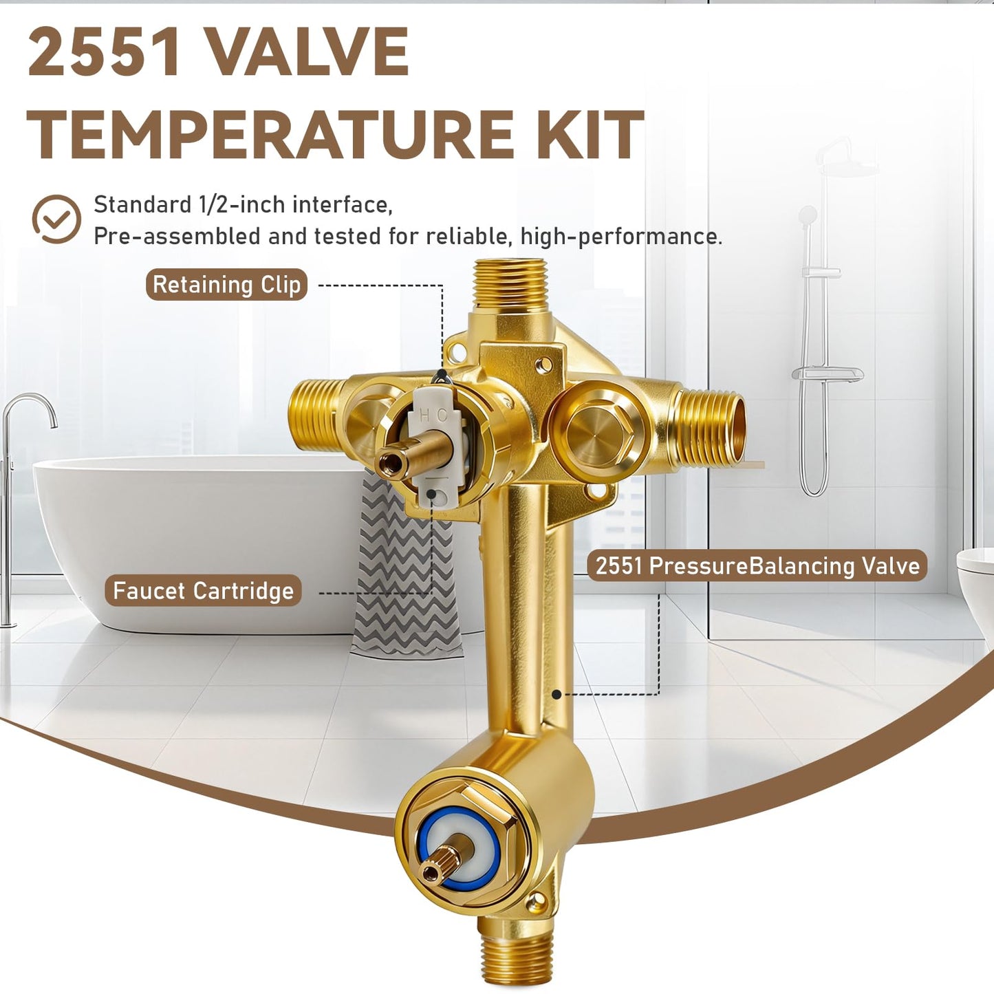 2551 Pressure Balancing Valve, Shower Diverter with Built-In 3-Function Transfer, Compatible with Posi-Temp Trim Valve, 1/2” CC/IPS Connections, Brass 4-Port for Bathtub and Shower