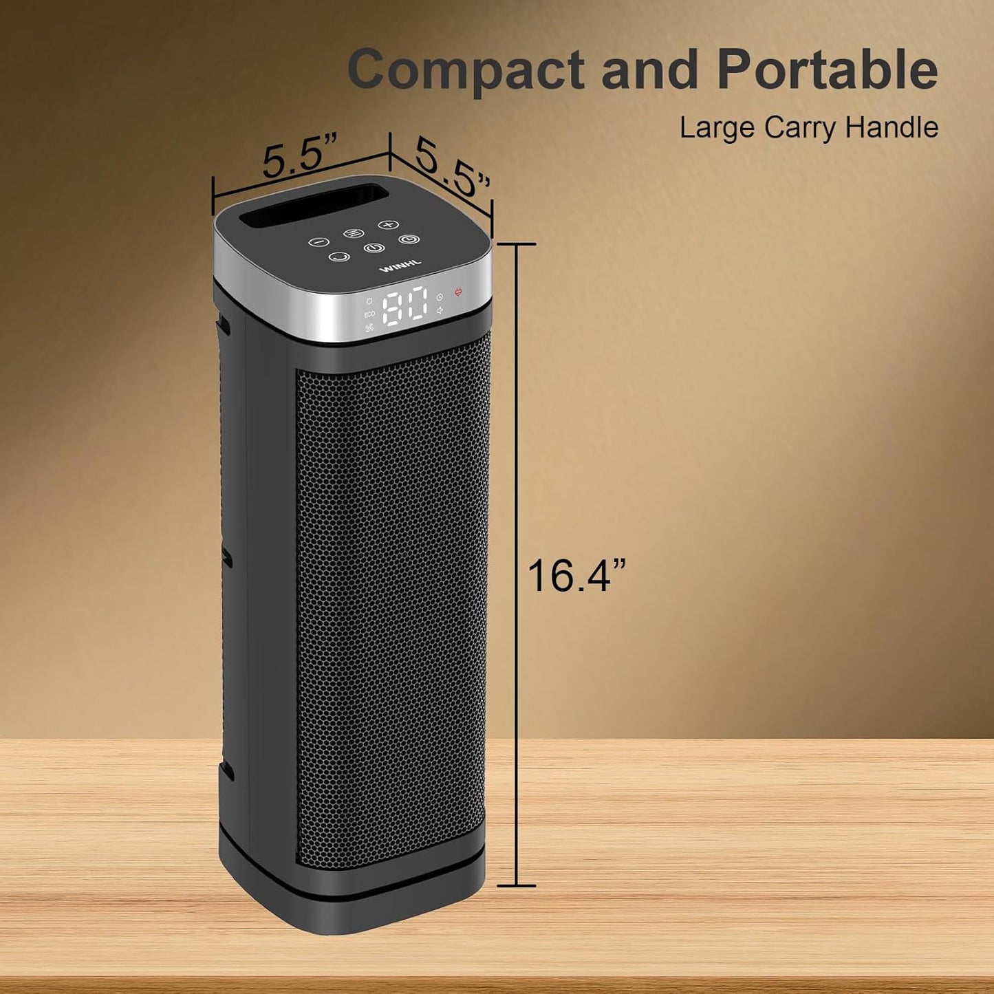 WINHL Electric Space Heater - 1500W PTC Ceramic with Thermostat, Remote & 70° Oscillation - 17 Inches for Home & Office