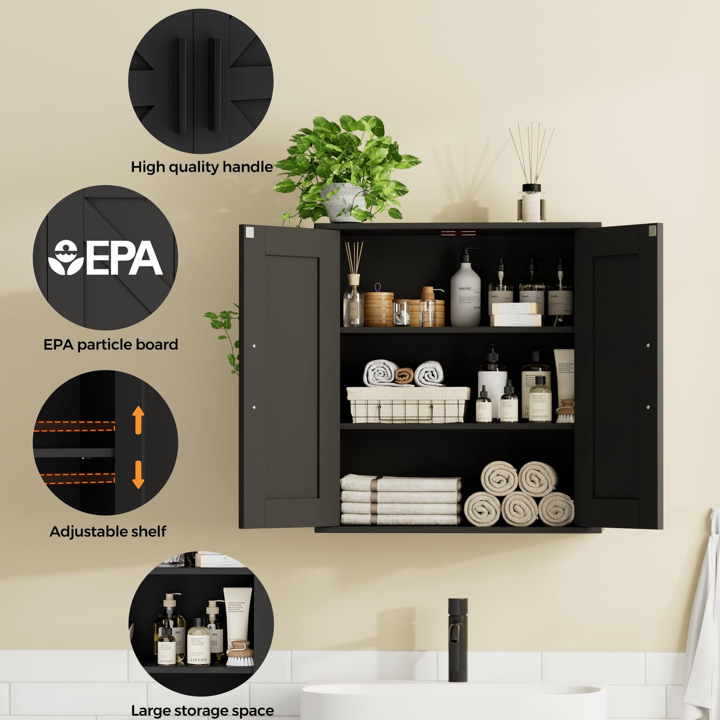 Homleke Bathroom Wall Cabinet, Over Toilet Storage Cabinet with Barn Doors and Adjustable Shelves, 3-Tier Medicine Cabinet Wall Mounted, for Bathroom, Kitchen, Entryway, Laundry Room, Black, (7.9" D)