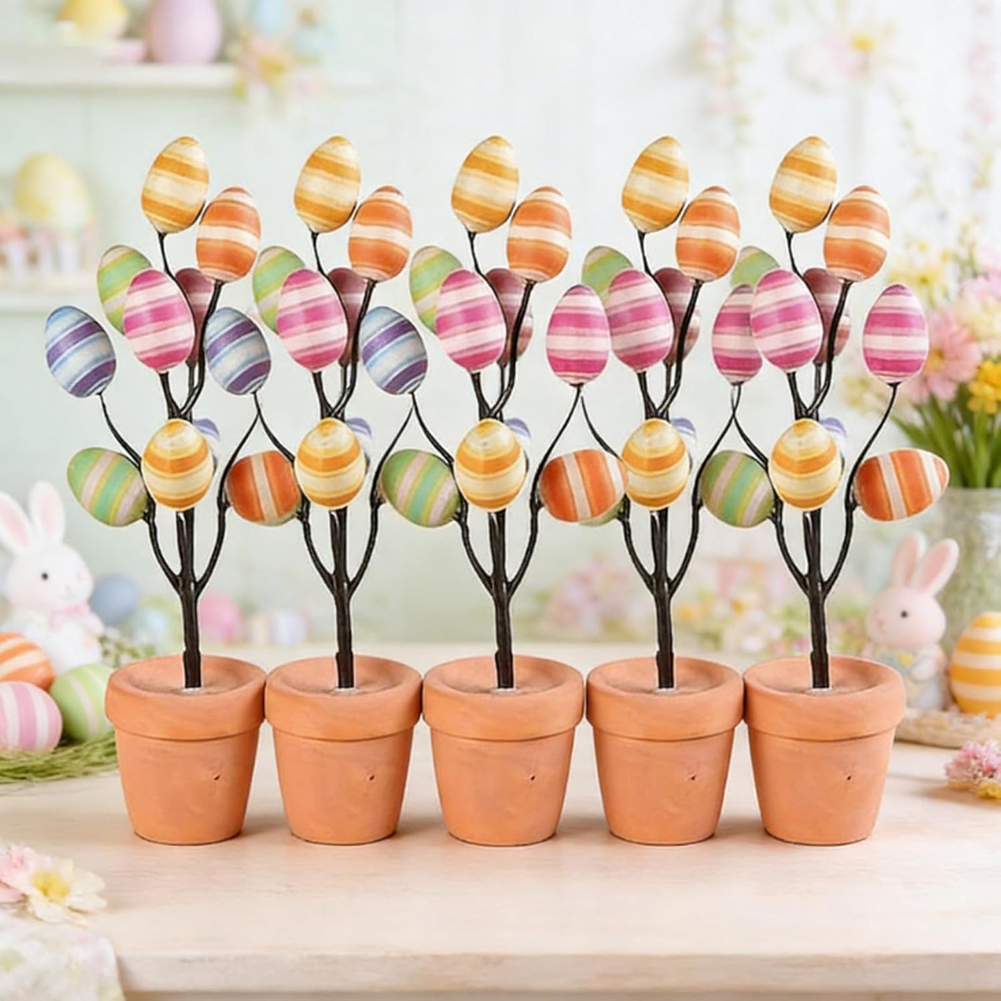Skiennix Easter Egg Tree - 10 Colorful Striped DIY Plastic Egg Decorations & Pendants