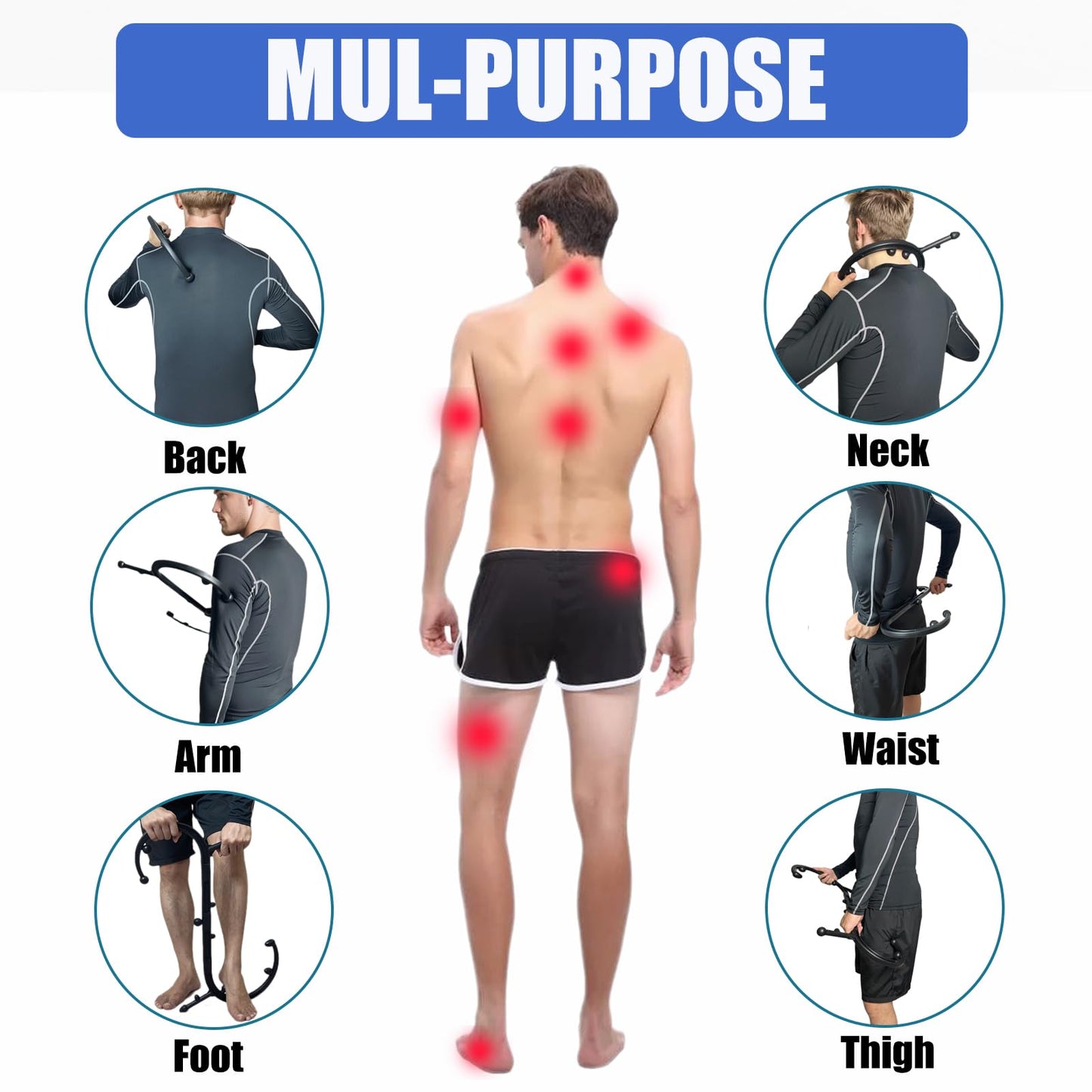 Trigger Point Massager & Back Cane- Deep Tissue Back Massage Tool for Muscle Knot Pain Relief (Back, Neck, Shoulder, Legs & Feet), Handheld Self Massage Cane with S-Shaped Dual-Section Design(Black)