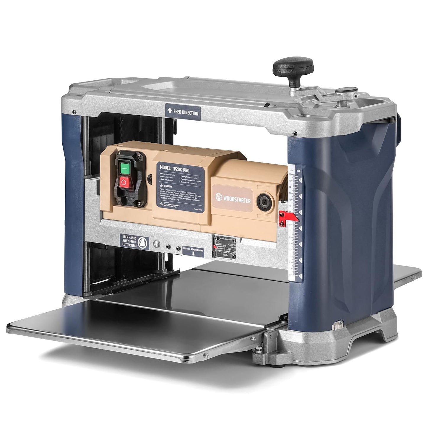 WOODSTARTER 13-Inch Benchtop Wood Planer, 10,000 RPM with 3 HSS Blades, 21 ft/min Feed Rate, Adjustable Planing Height 1/4" to 6-1/4", Multi-Size Dust Port, Overload Protection for Woodworking