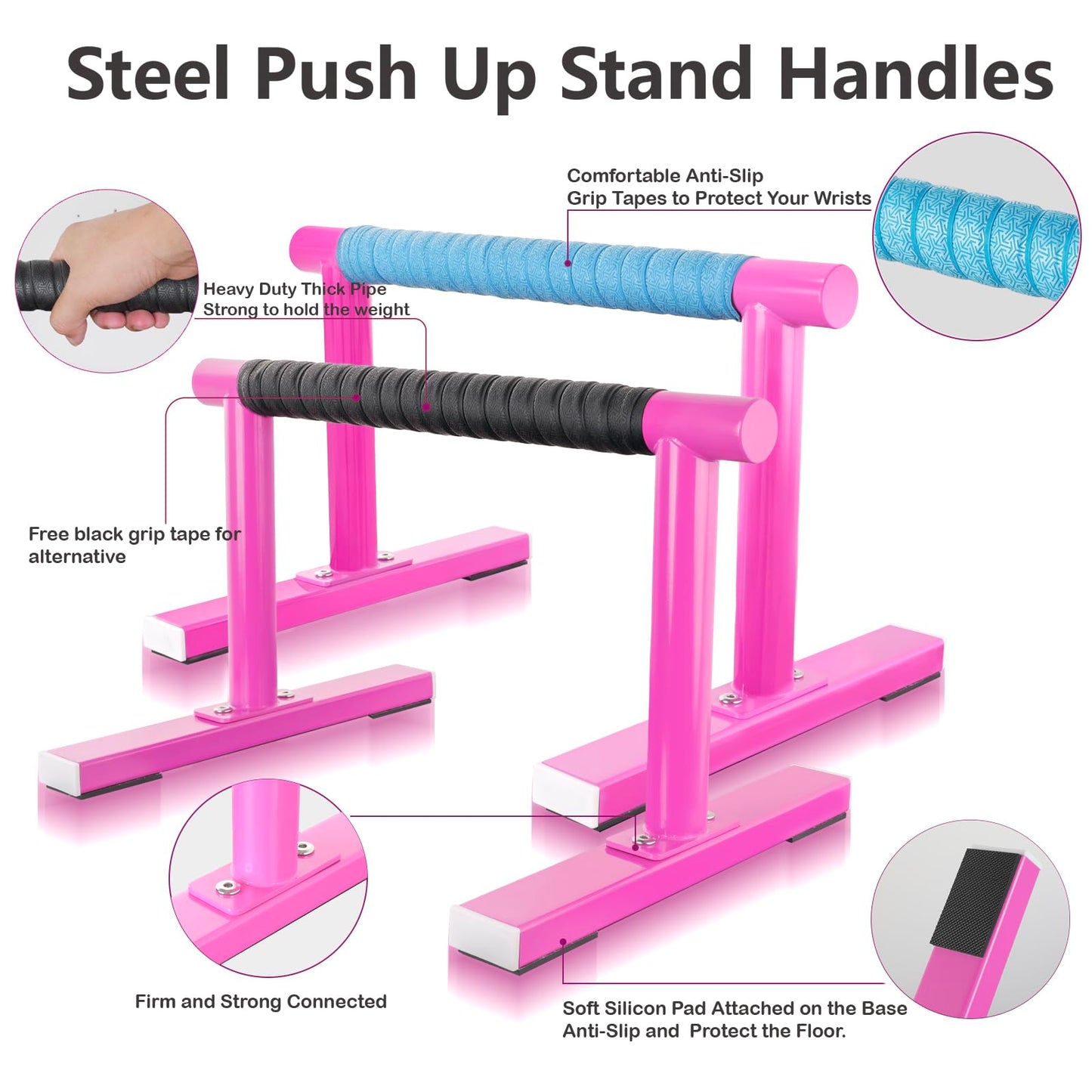 Purife Pink Strength Training Parallettes Push Up Bars, Pushup Handles Calisthenics Equipment for Home Workout, Anti-slip Gymnastics Bars, Handstand & Dip Bar for Outdoor Exercise