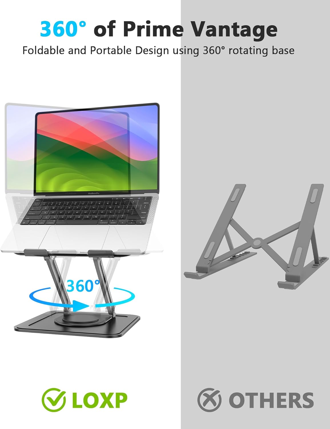 LOXP 360 (10-16") Adjustable Laptop Stand, Computer Stand with Rotating Base, Ergonomic Laptop Riser Mount for Desk