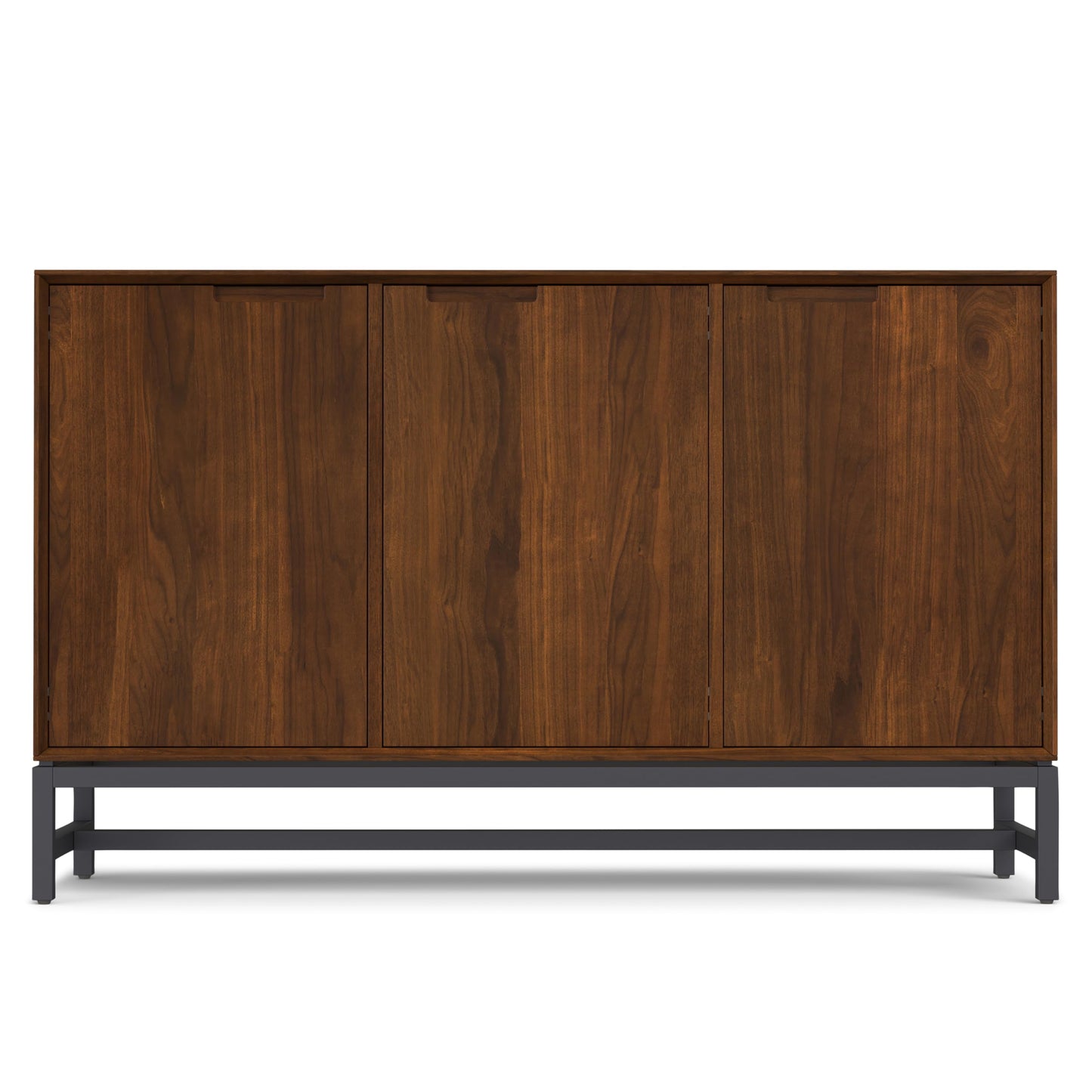 SIMPLIHOME Banting Buffet - 58 inch Wide Solid Wood 3-Door Sideboard Buffet in Natural Walnut, Mid-Century Modern Cabinet for Dining Room or Kitchen with Adjustable Shelves and Metal Base
