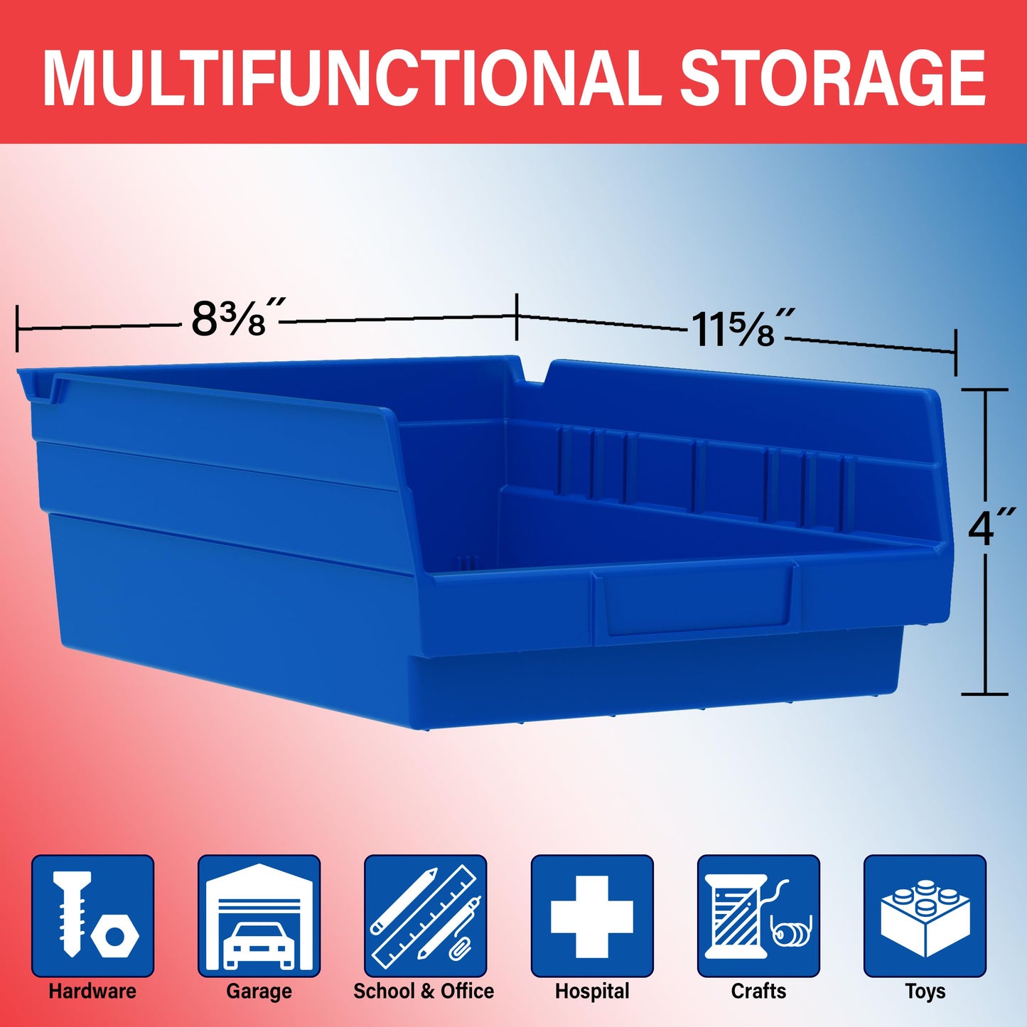 Akro-Mils 30150 Plastic Shelf Bins, Heavy Duty Storage Bins for Garage, Closet, and Drawer Organization, 12" x 8" x 4", Blue, 12-Pack