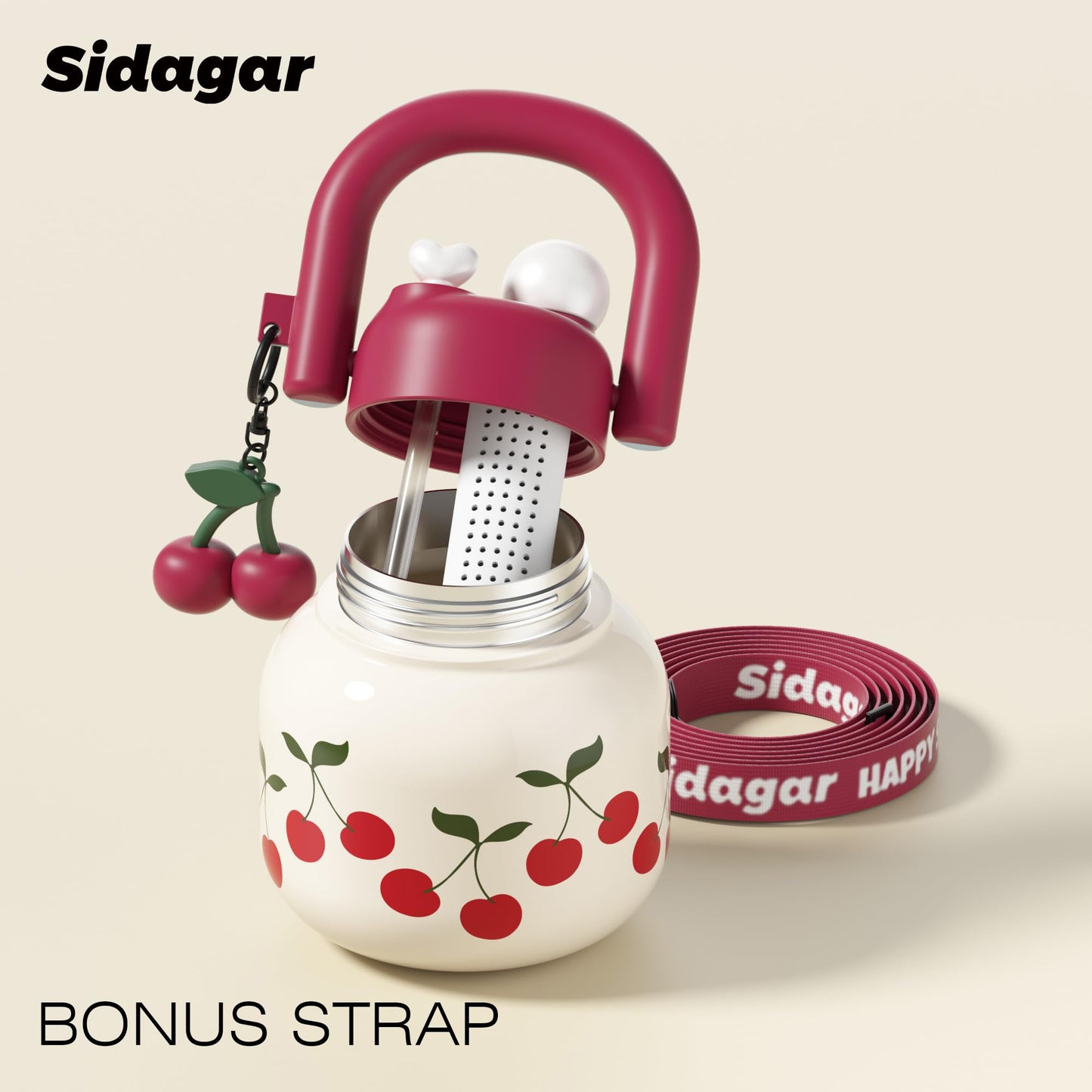 Sidagar 22 oz Tote Water Bottle with Straw and Carry Handle, Wide Mouth Vacuum Insulated Stainless Steel Tumbler, Travel Water Jug for Women Easy Carry, Cherry