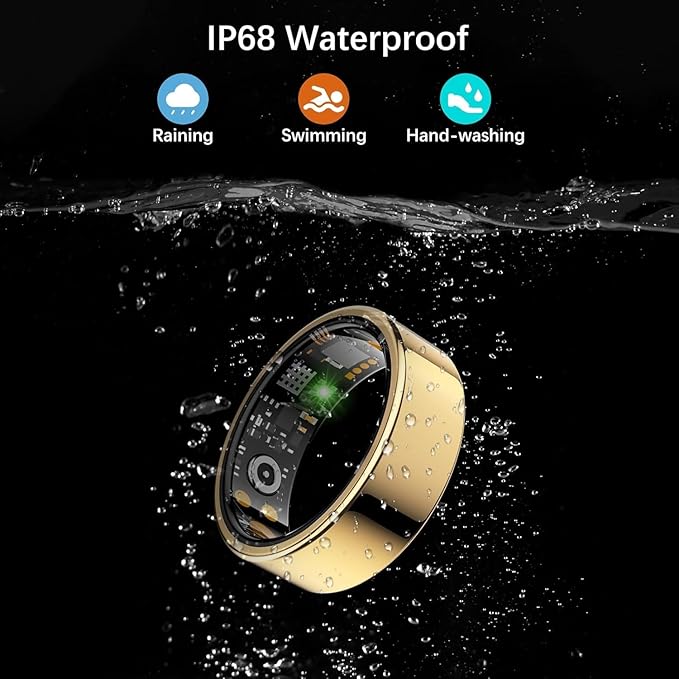 Smart Health Ring for Women Men, Fitness Tracker Ring with Heart Rate, Blood Oxygen, Sleep Tracker, Step Tracker, No Subscription Fee, IP68 Waterproof Smart Ring for iPhone & Android (Gold, 8#)