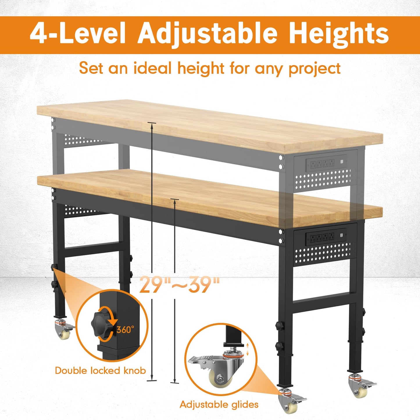 Pelnuies 70" Heavy Duty Solid Wood Work Bench with Pegboard, Adjustable Height Workbench with Wheels and Power Outlets, 2000 LBS Capacity Work Table for Garage, Workshop, Office, Home