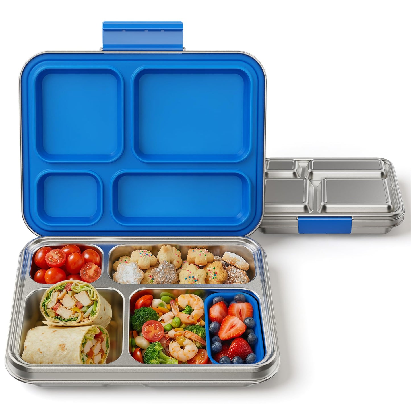 FAJSL Stainless Steel Bento Box, 4-Compartment Metal Lunch Box with Removable Silicone, Lunch Container for Kids & Adults with Silicone Inner Container, School, Office, Dishwasher Safe(Blue)