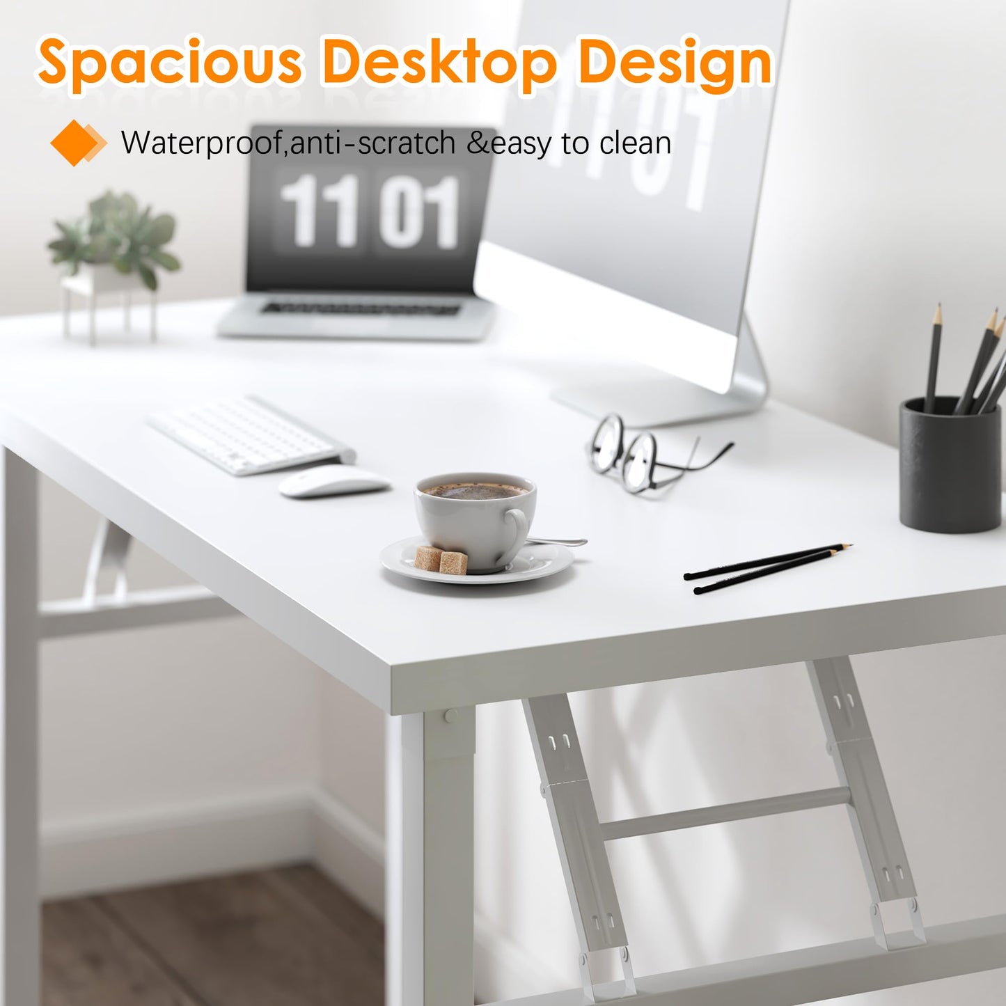 Need Folding Computer Desk, Large 62 inches Folding Table for Home Office, No Install Needed Foldable Writing Table Long Desk, Space-Saving, White