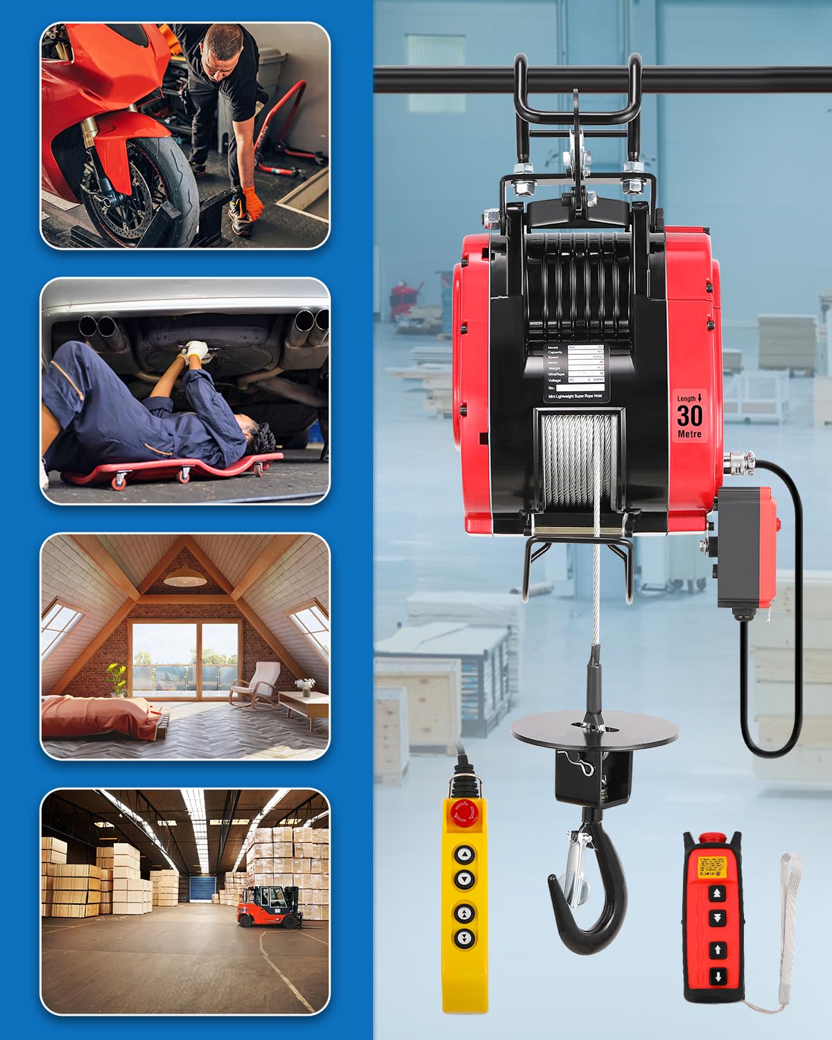 NEWTRY 2-Speed Fast Electric Hoist, 770lb Capacity with 95ft Lifting Height, 1500W Brushless Motor, Wired & Wireless Remote Control w/Emergency Stop, Perfect for Garage, Workshop 110V