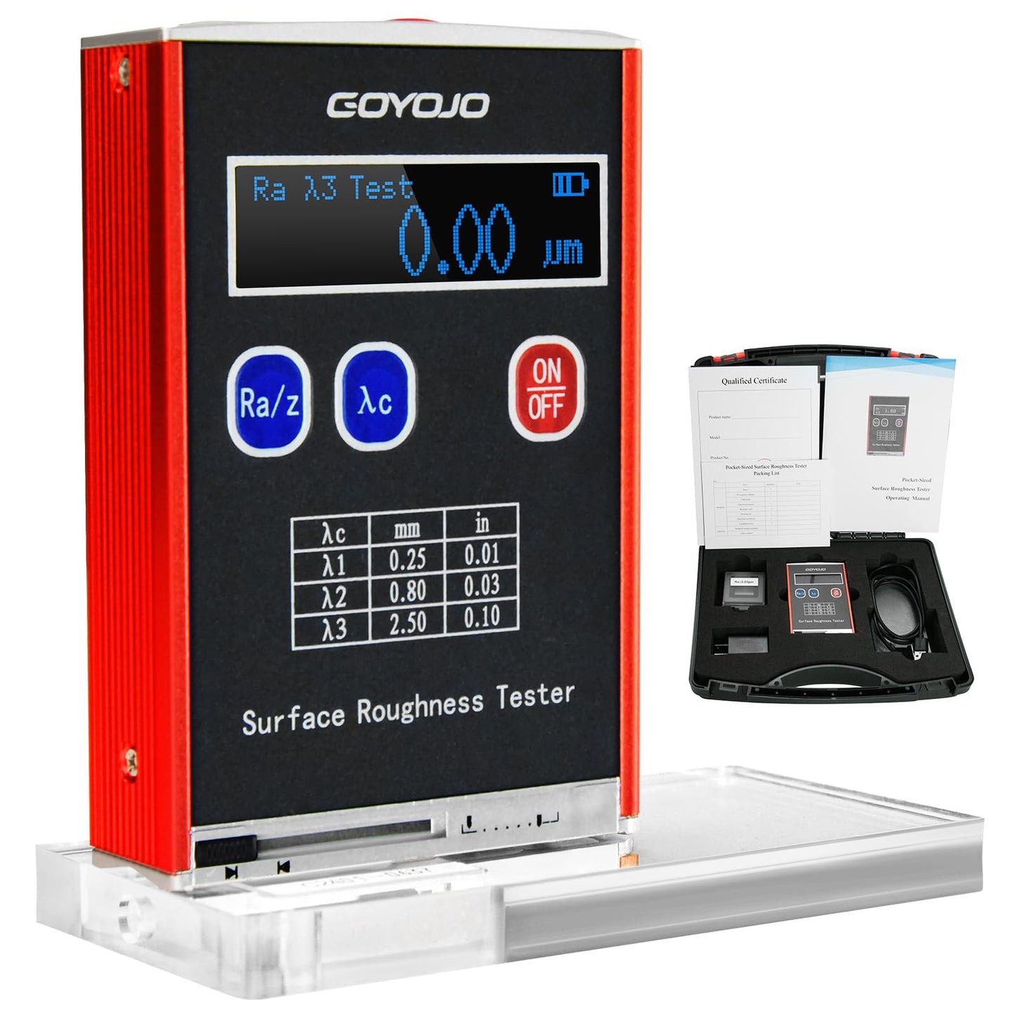 GOYOJO GSR720 Surface Roughness Tester High Accuracy 0.01μm Portable Roughness Gauge 4 Testing Parameters Ra/Rq 0.05~15.0μm Rz/Rt 0.1~50.0μm with Standard Calibration Block and Bracket
