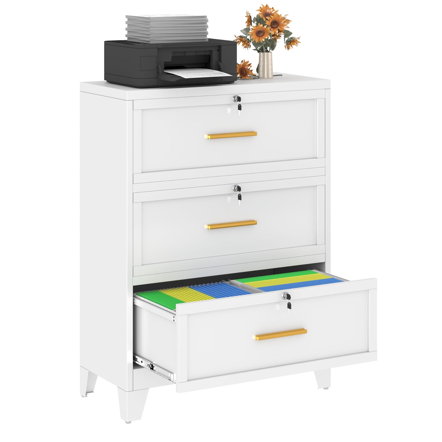 GAIOUS 3 Drawer File Cabinet with Lock, Metal Lateral Filing Storage Cabinet for Office Home, Steel Vertical File Cabinets for A4 Letter Size Documents, White Locking File Drawer, Assembly Required