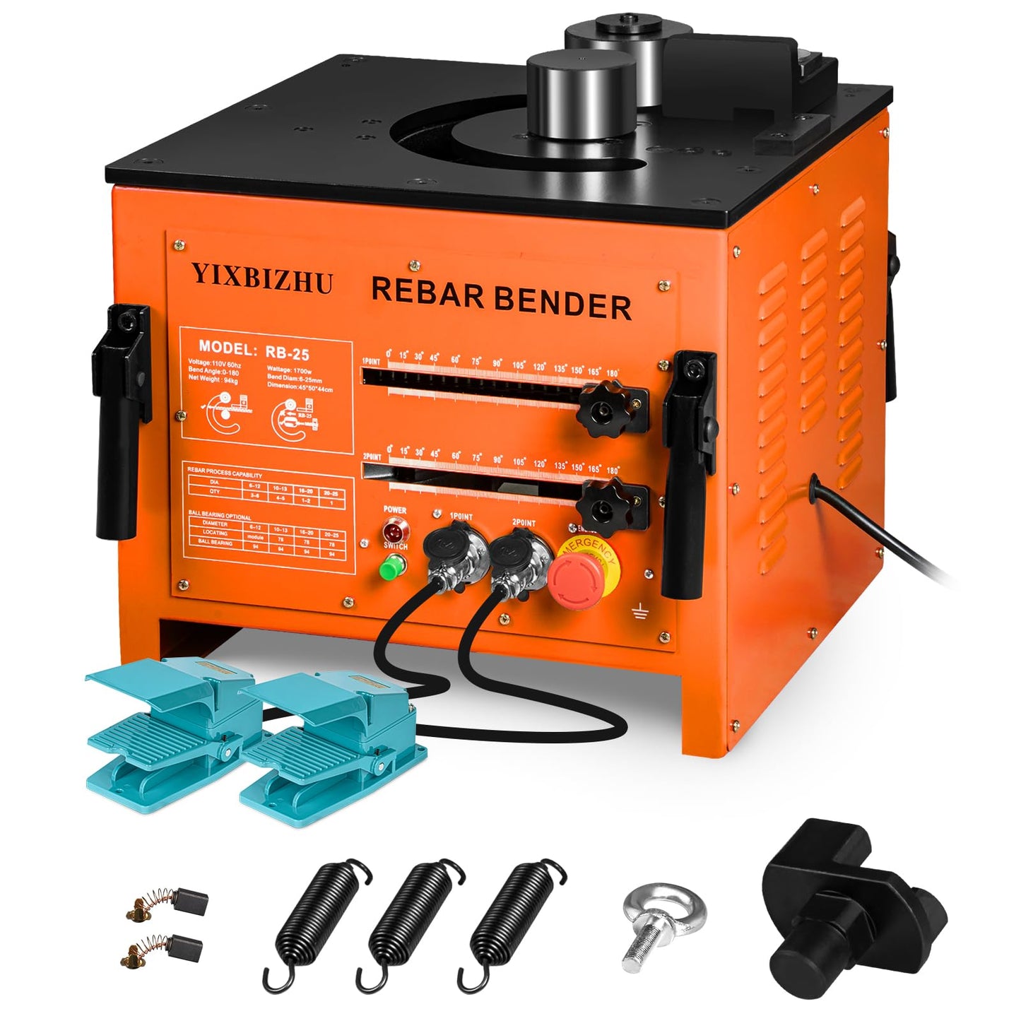 YIXBIZHU 1700W Rebar Bender, 5s Bends for #2–#8 (6–25mm), 0–180°Angle Dial with 30°/45°/90°/135° Stops, Heavy Cast-Iron Body, Foot-Pedal Hydraulic Steel Bending Tool (RB‑25)