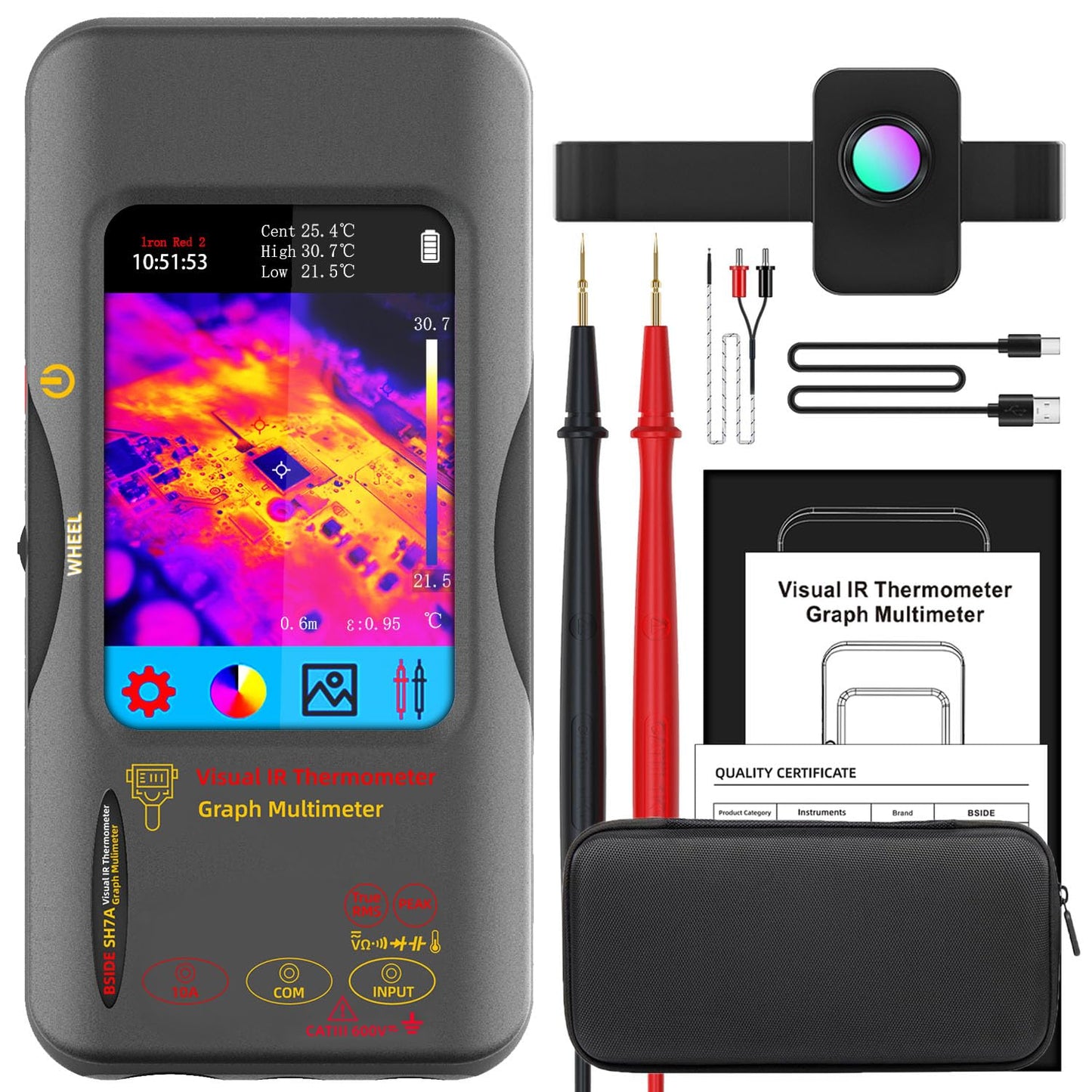 BSIDE Thermal Camera Multimeter Date Recorder with Macro Lens, 320x320 IR Resolution with 15 Thermal Palettes, 20000 Counts with 3.98" Touch LCD, Measures Cap Amp Temp Diode for PCB Circuit Break DIY