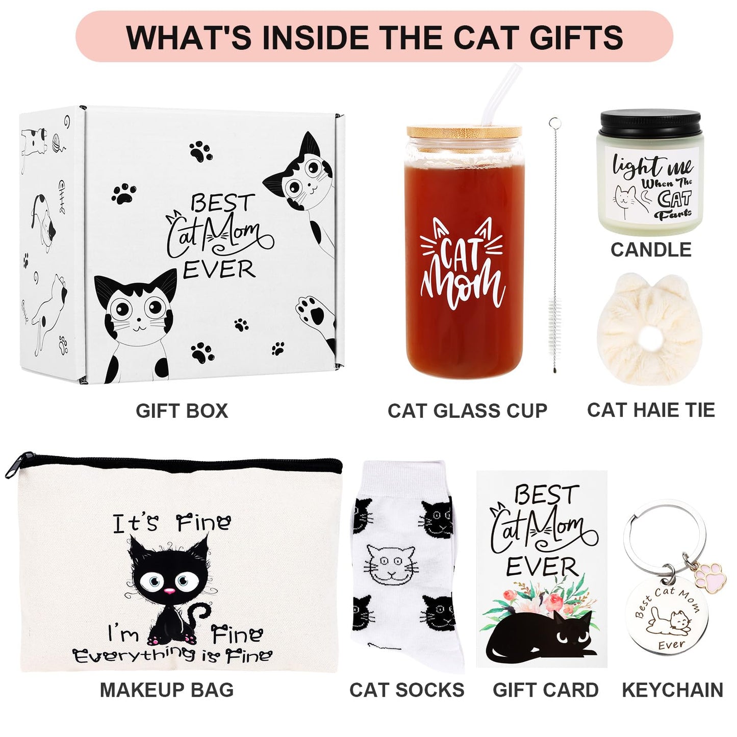 LiYiQ Cat Lover Gifts for Women - Cat Mom Gifts, Crazy Cat Lady Essentials: Makeup Bag, Socks, Scrunchies, Greeting Cards - Perfect for Birthdays & Mother's Day