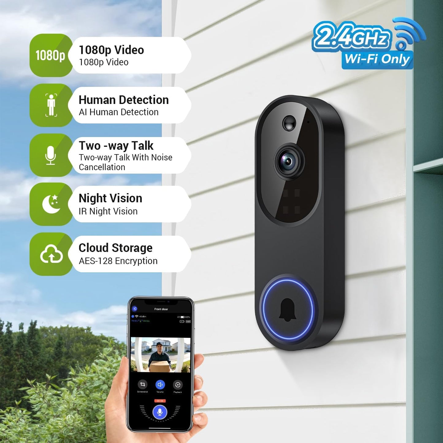 Lunelyx 1080P 2.4G Wireless Video Doorbell Camera, Outdoor Surveillance Cameras, FHD Live View, Cloud Storage, AI Human
