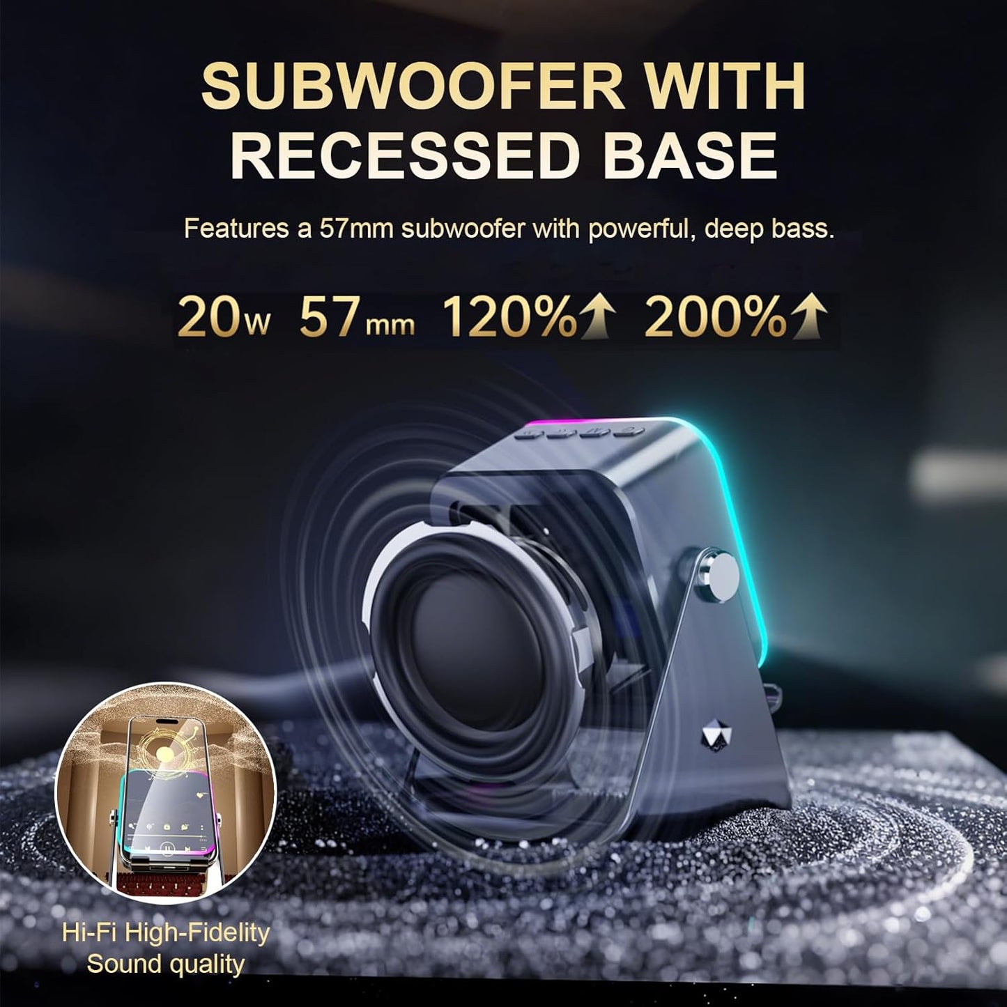 Strackvial 5-in-1 5000mAh 360Rotation, 5.3, Bluetooth Speaker with Wireless Induction & Phone Holder, Battery, RGB