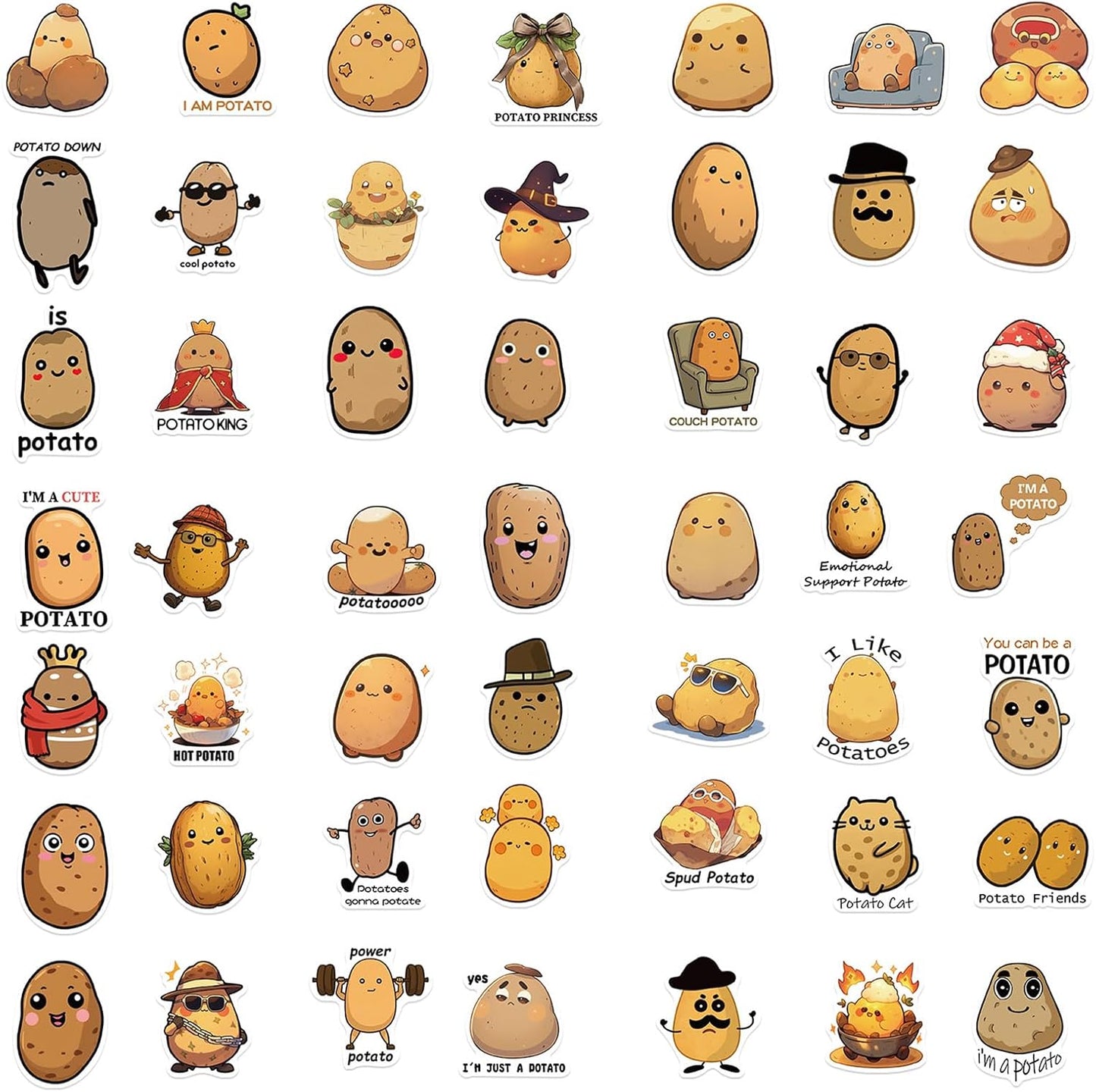 WASHBO 50Pcs Potato Stickers Funny Cartoon Potato Vinyl/PVC Decals for Kids Boys Girls, Cute Stickers for Water Bottles