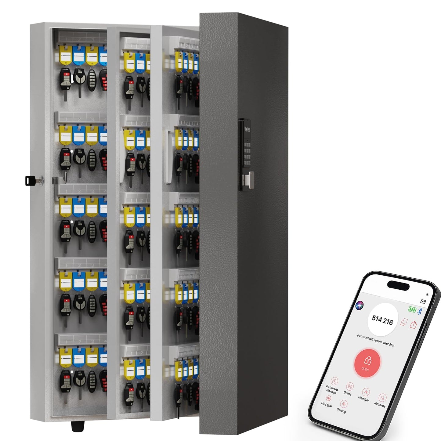 WeHere 360-Key Smart Key Lock Box, Wall-Mount Key Cabinet with Key Management App(Track Key Borrow/Return), Keypad, Bluetooth & WiFi Unlock (Sold Separately) for Commercial, School, Rental, Office