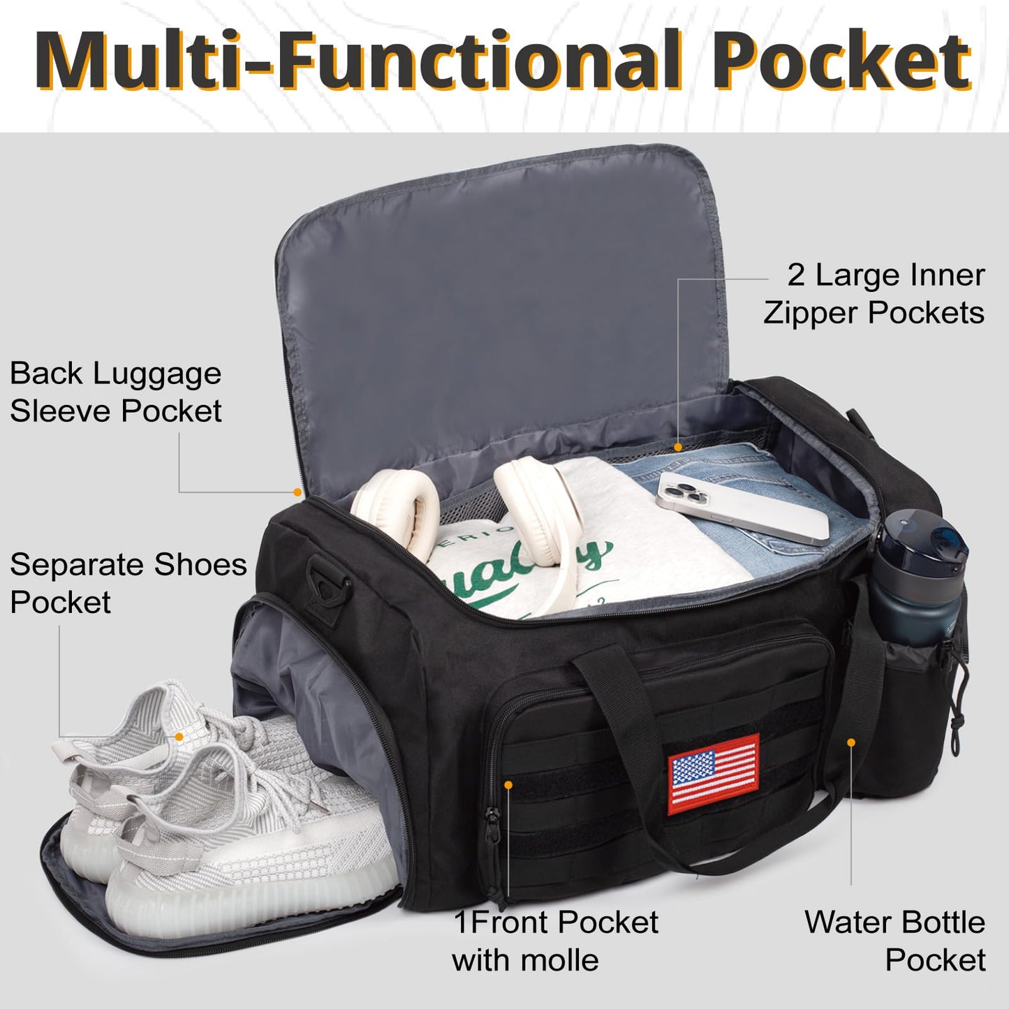 Tactical Gym Bag for Men, 40L Large Capacity Duffle Bags with Shoes Compartment, Sports Bag with wet compartment, Multi-functional Weekend Bags Suitable for Travel, Camping,hiking