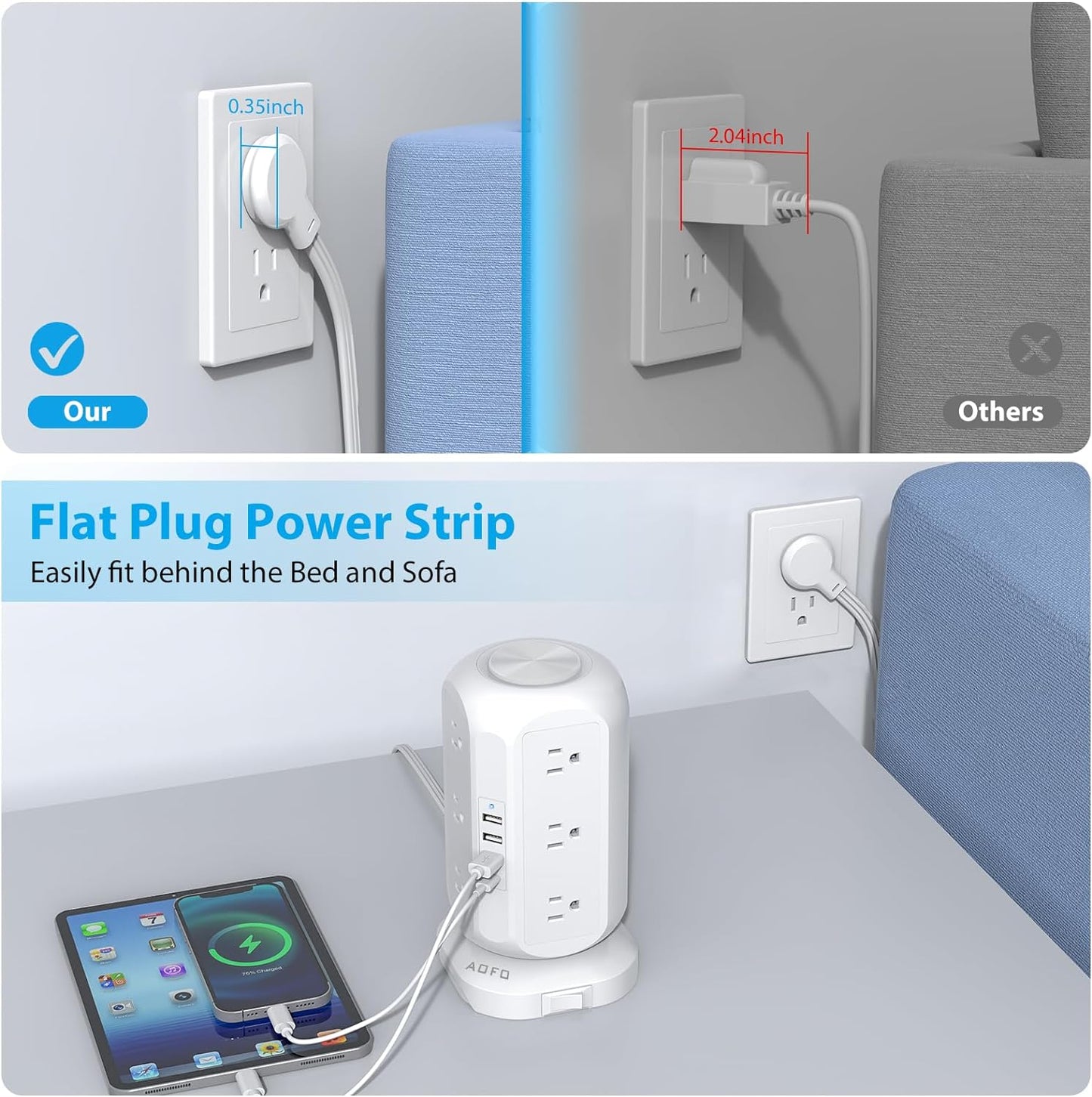 AOFO 12 4 USB(1 10Ft Tower Power Strip Flat Plug with Outlets USB C), Surge Protector Charging Station with Overload