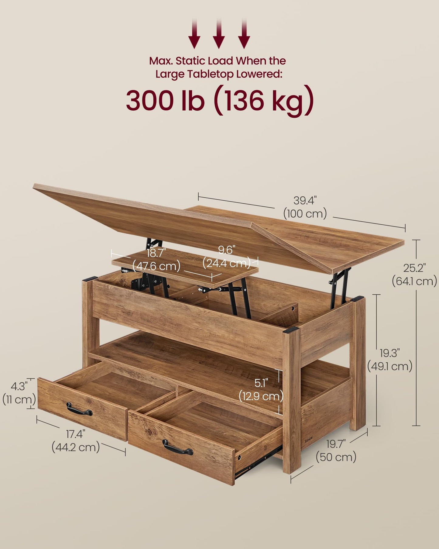 VASAGLE Coffee Table Lift Top, 3 in 1 Center Table with Storage, Gas Spring, 2 Drawers and 3 Hidden Compartments, Open Shelf, for Living Room, Home Office, Honey Brown ULCT254K01